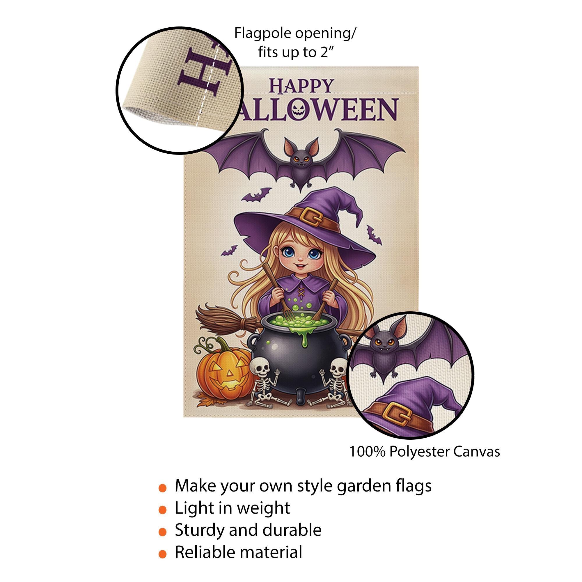 Cute Witch Halloween Garden Flag Little Girl Yard Banner Outdoor Fall Pumpkin Skeleton Decor