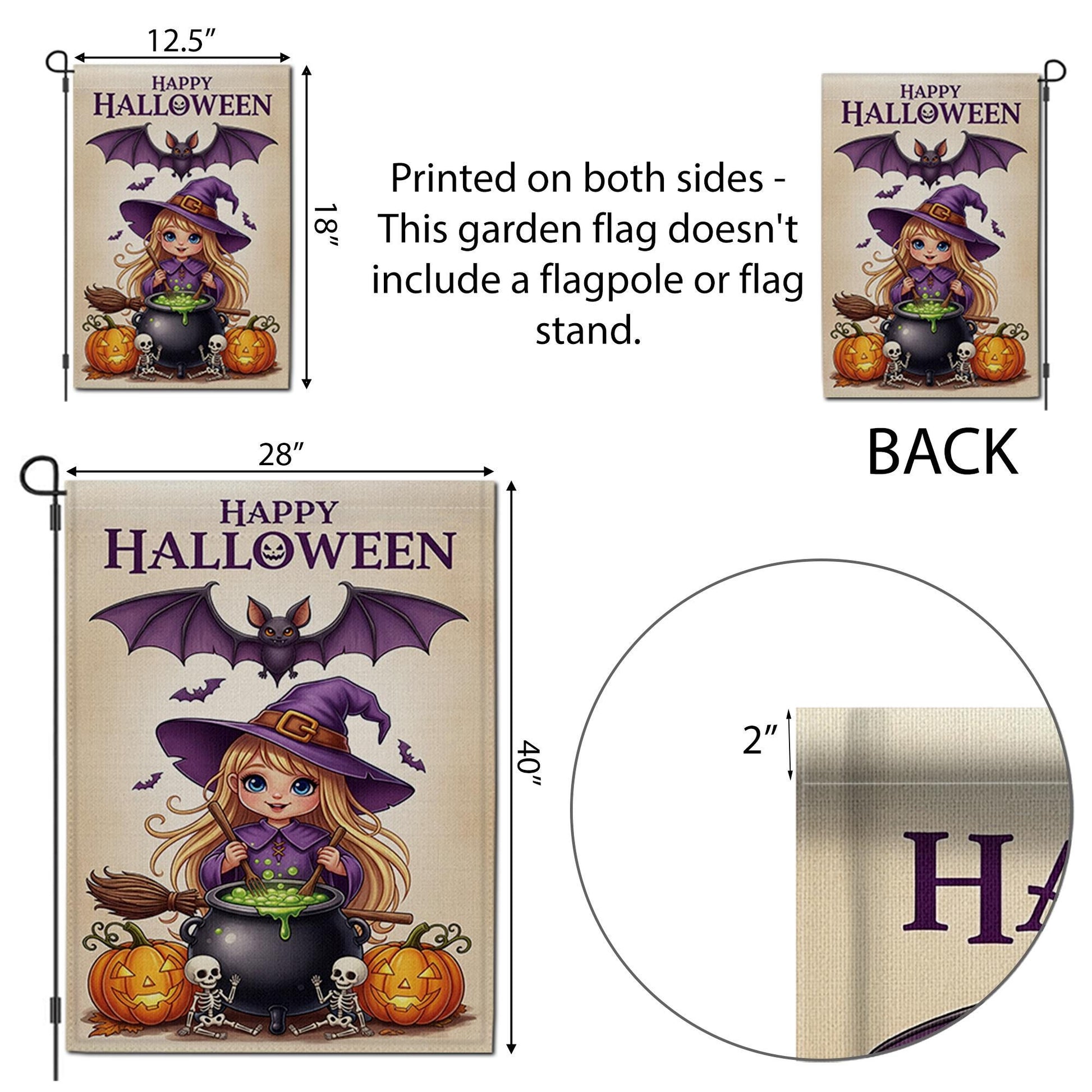 Cute Witch Halloween Garden Flag Little Girl Yard Banner Outdoor Fall Pumpkin Skeleton Decor