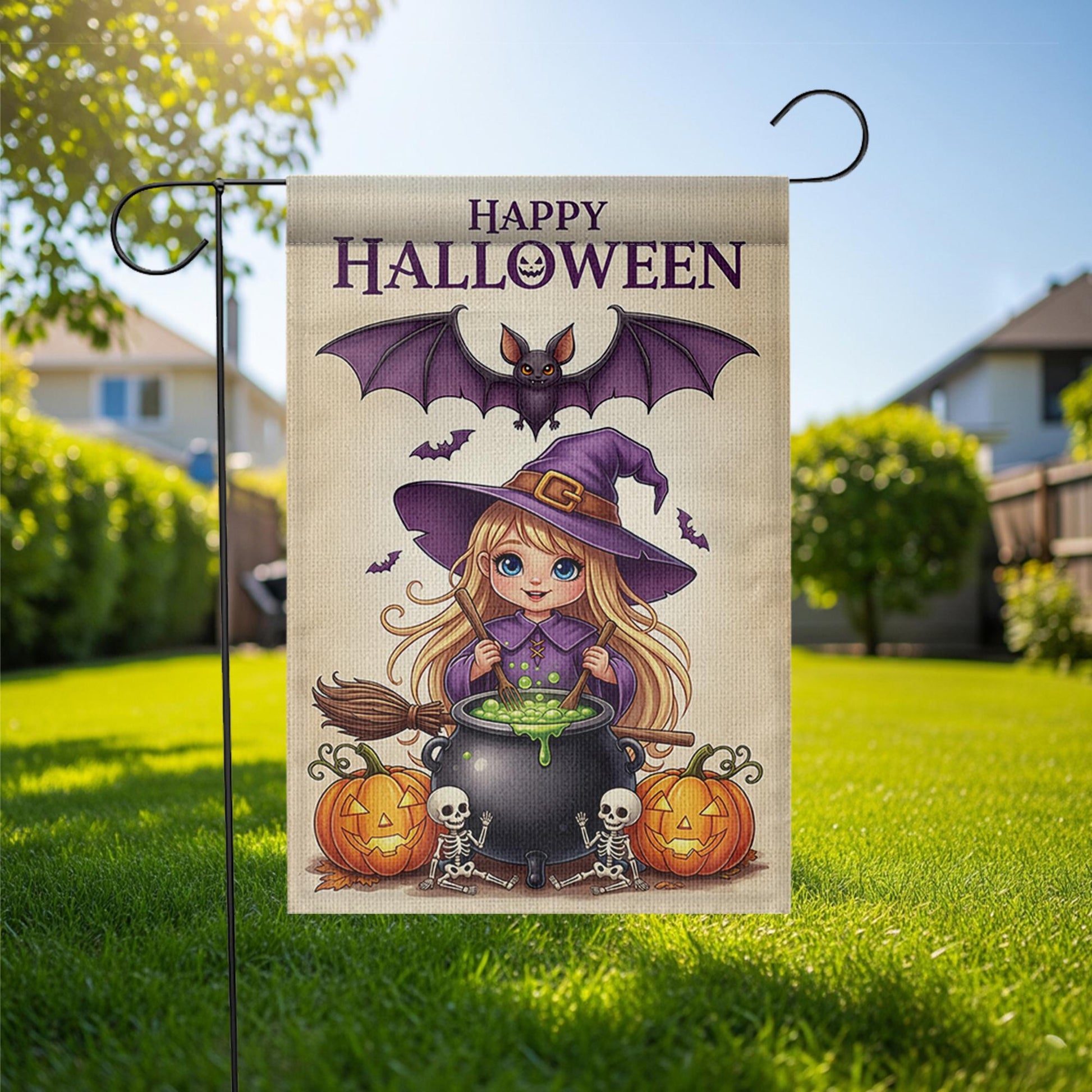 Cute Witch Halloween Garden Flag Little Girl Yard Banner Outdoor Fall Pumpkin Skeleton Decor