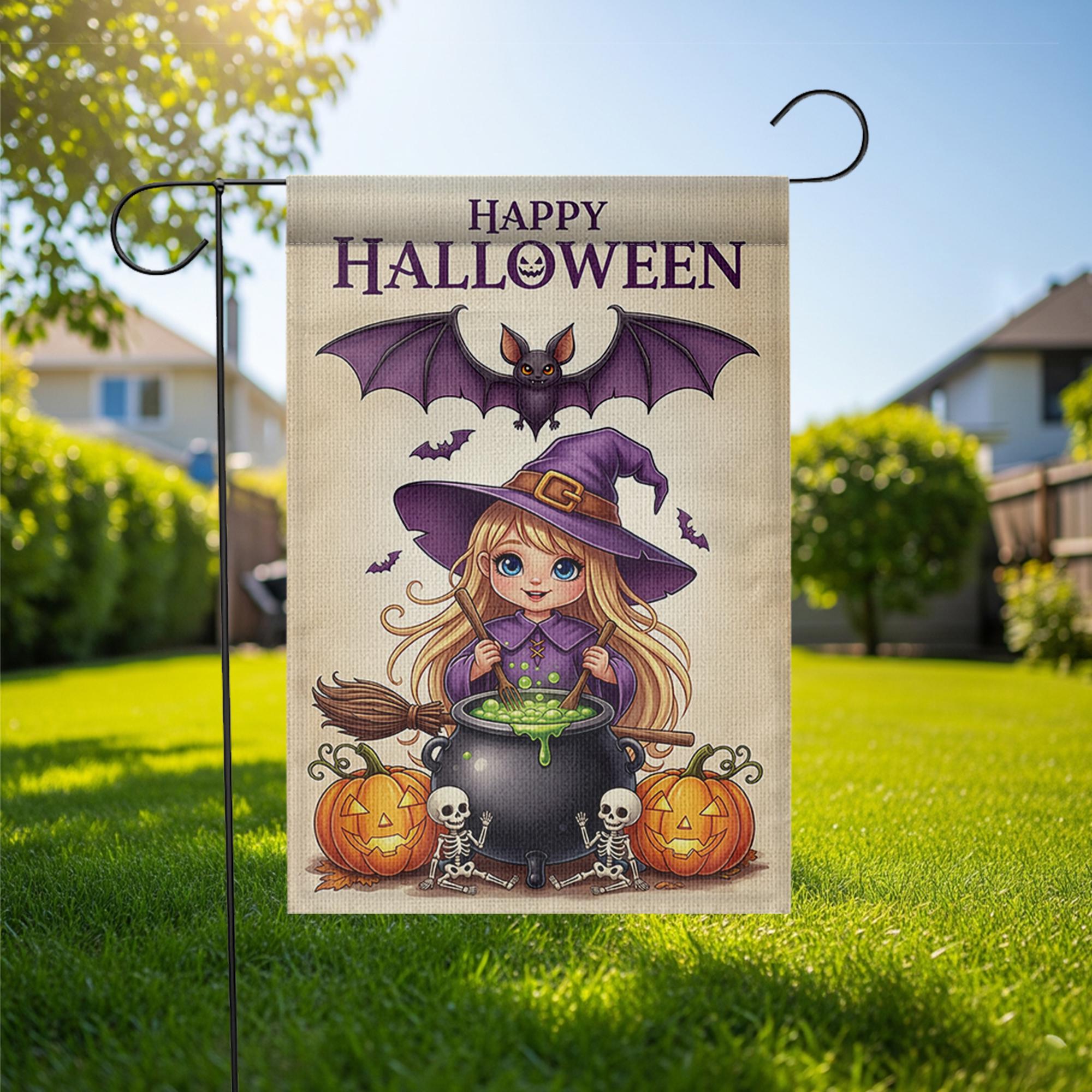 Cute Witch Halloween Garden Flag Little Girl Yard Banner Outdoor Fall Pumpkin Skeleton Decor