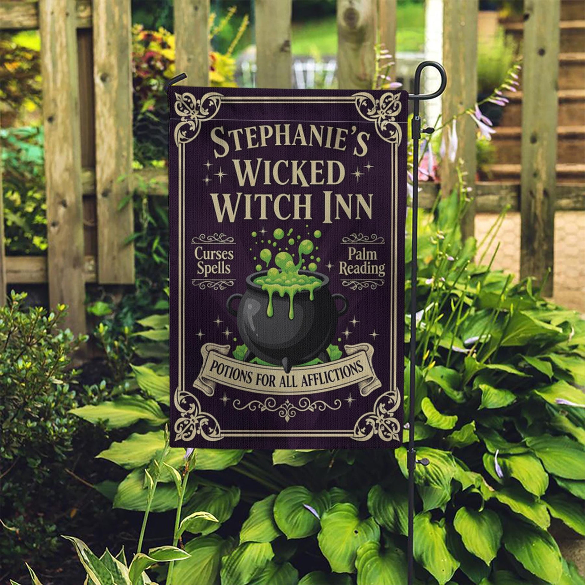 Personalized Wicked Witch Inn Garden Flag Halloween Yard Banner Spooky Outdoor Decor Witch Sign