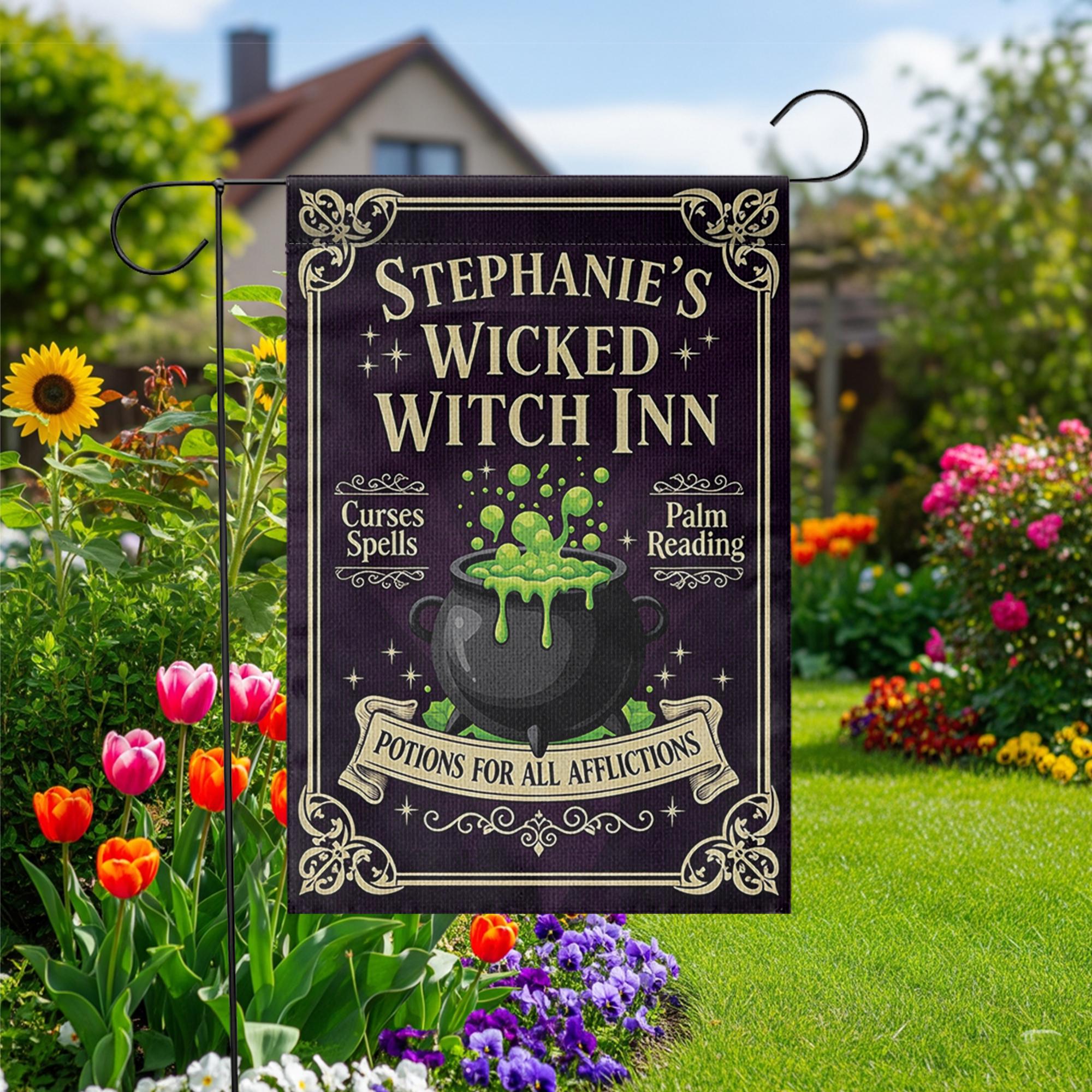 Personalized Wicked Witch Inn Garden Flag Halloween Yard Banner Spooky Outdoor Decor Witch Sign