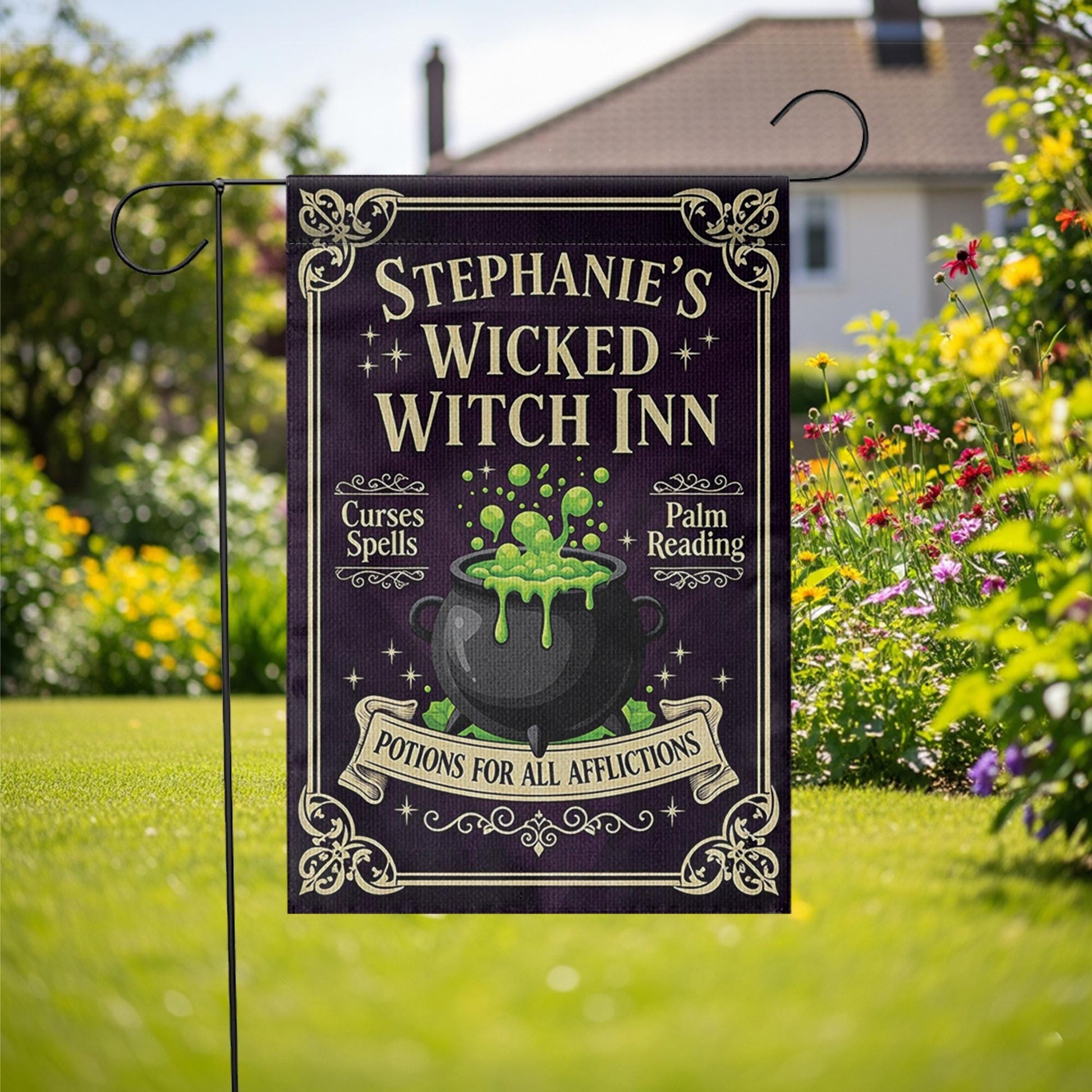 Personalized Wicked Witch Inn Garden Flag Halloween Yard Banner Spooky Outdoor Decor Witch Sign