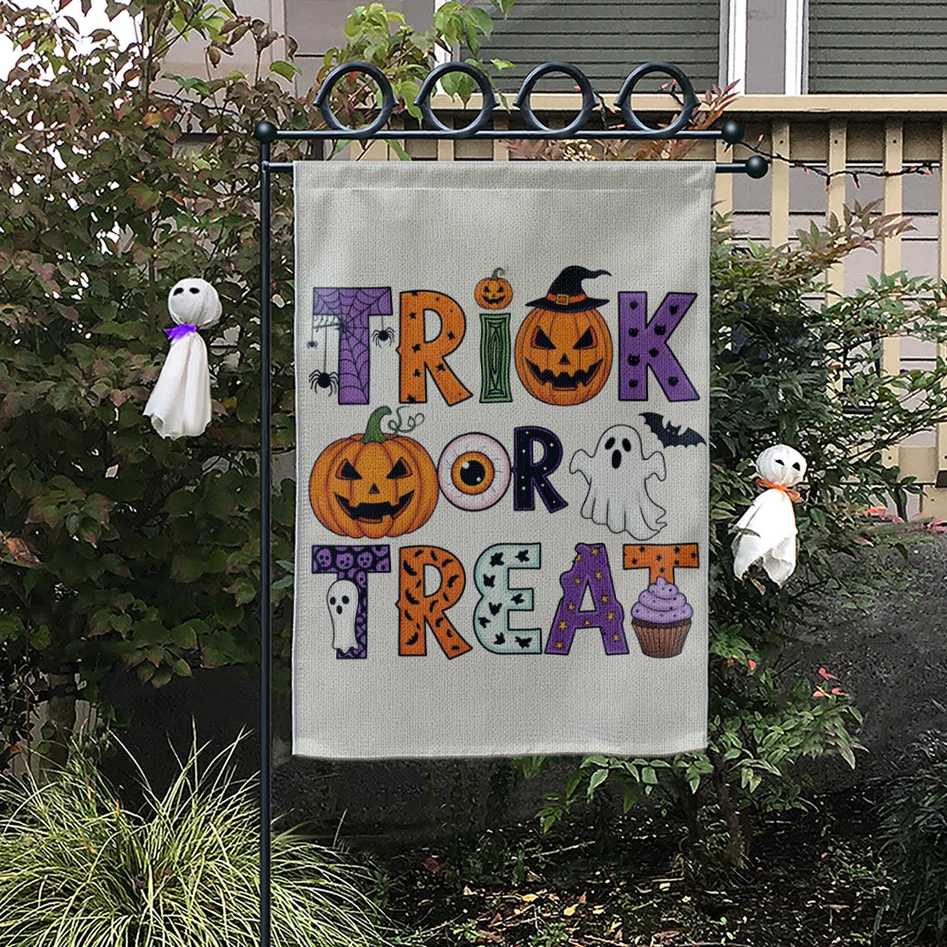 Trick or Treat Garden Flag Halloween Yard Banner Cute Ghost Pumpkin Outdoor Fall Decor