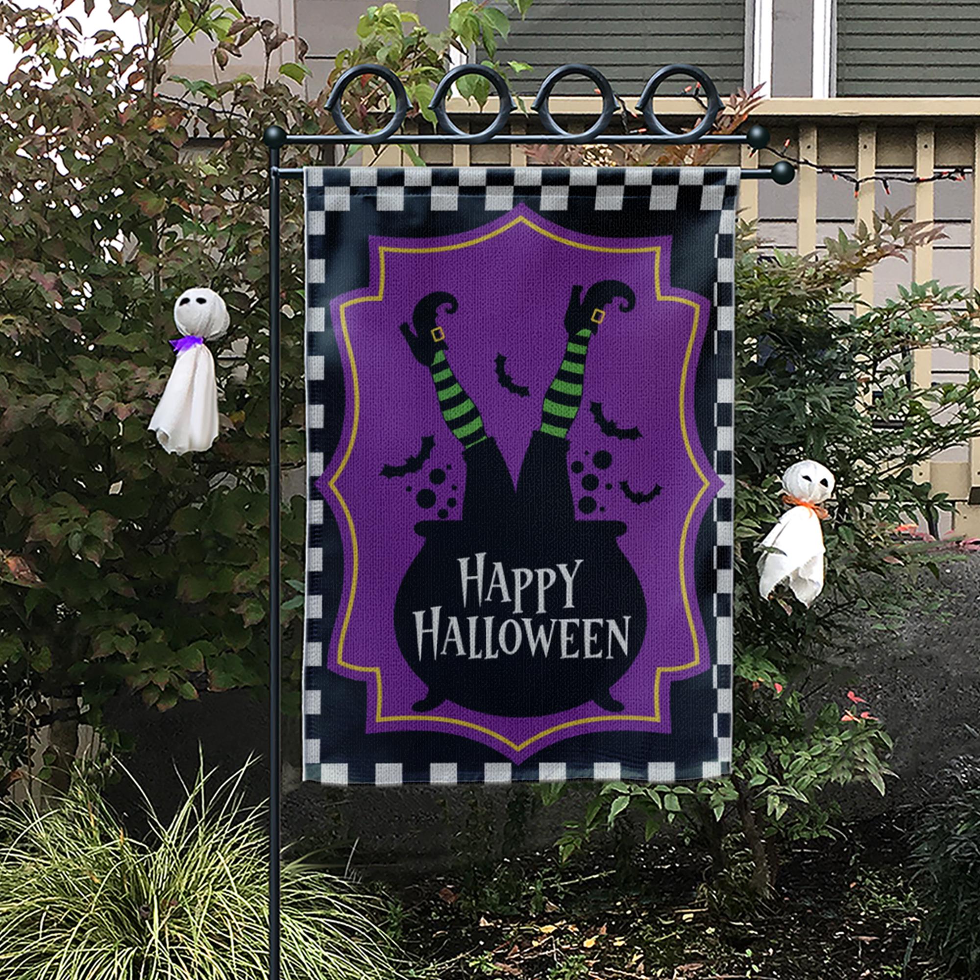 Happy Halloween Garden Flag Witch Legs Cauldron Yard Banner Outdoor Spooky Fall Decor
