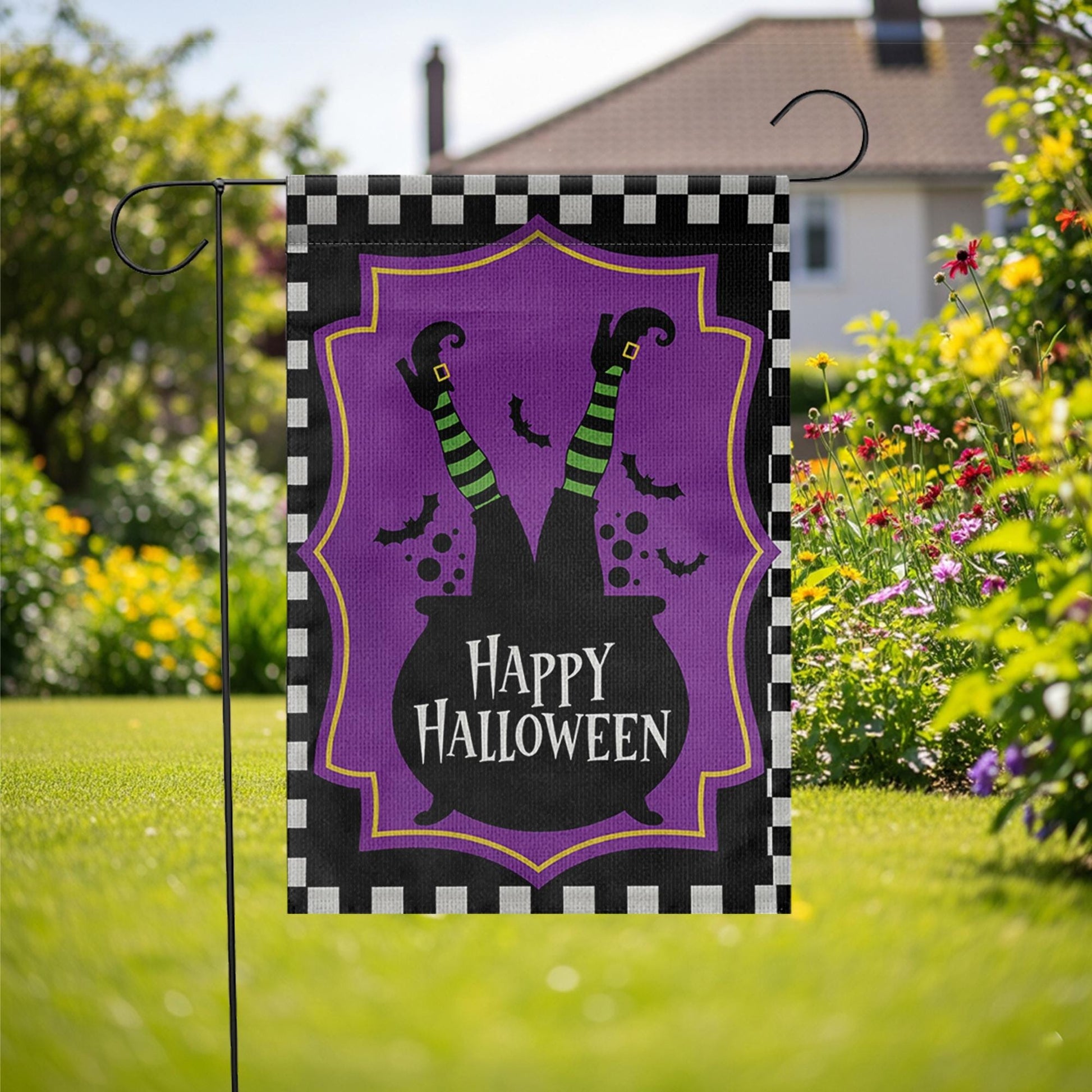 Happy Halloween Garden Flag Witch Legs Cauldron Yard Banner Outdoor Spooky Fall Decor