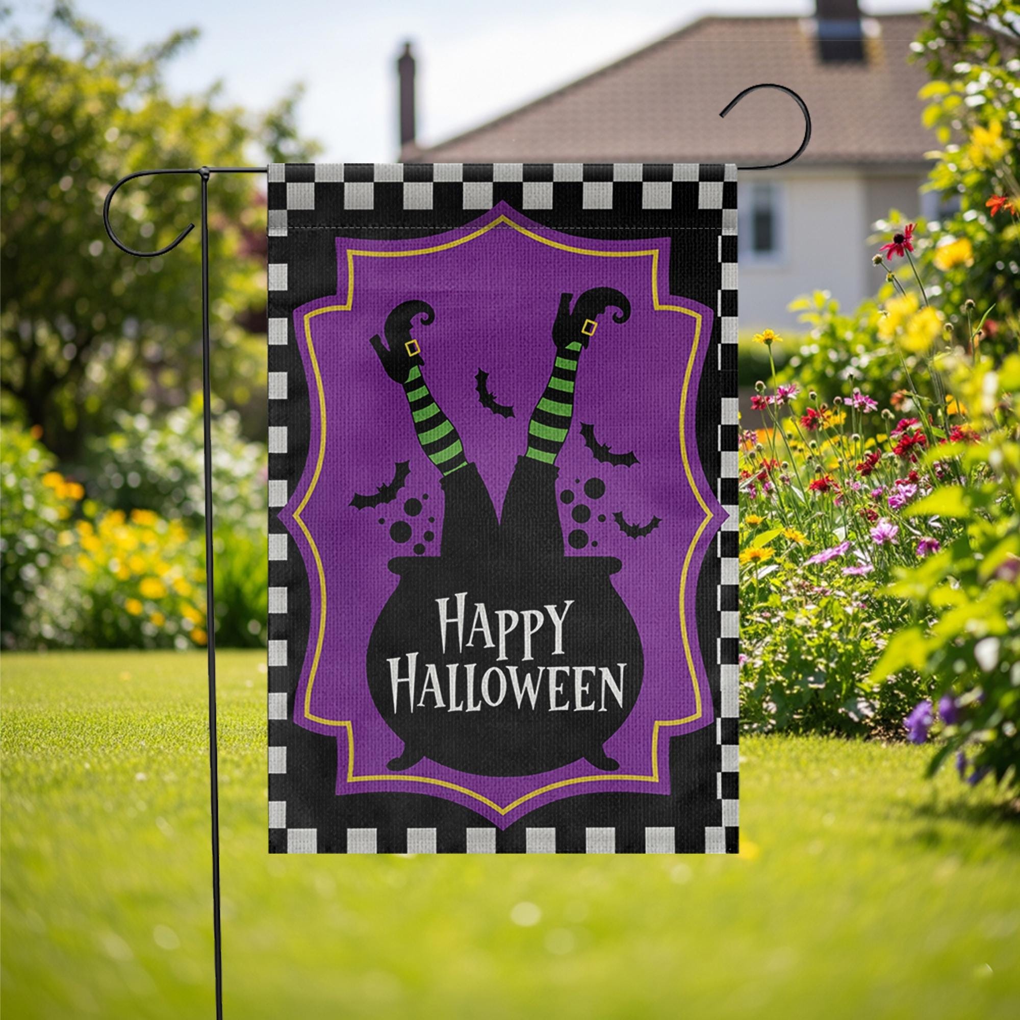 Happy Halloween Garden Flag Witch Legs Cauldron Yard Banner Outdoor Spooky Fall Decor
