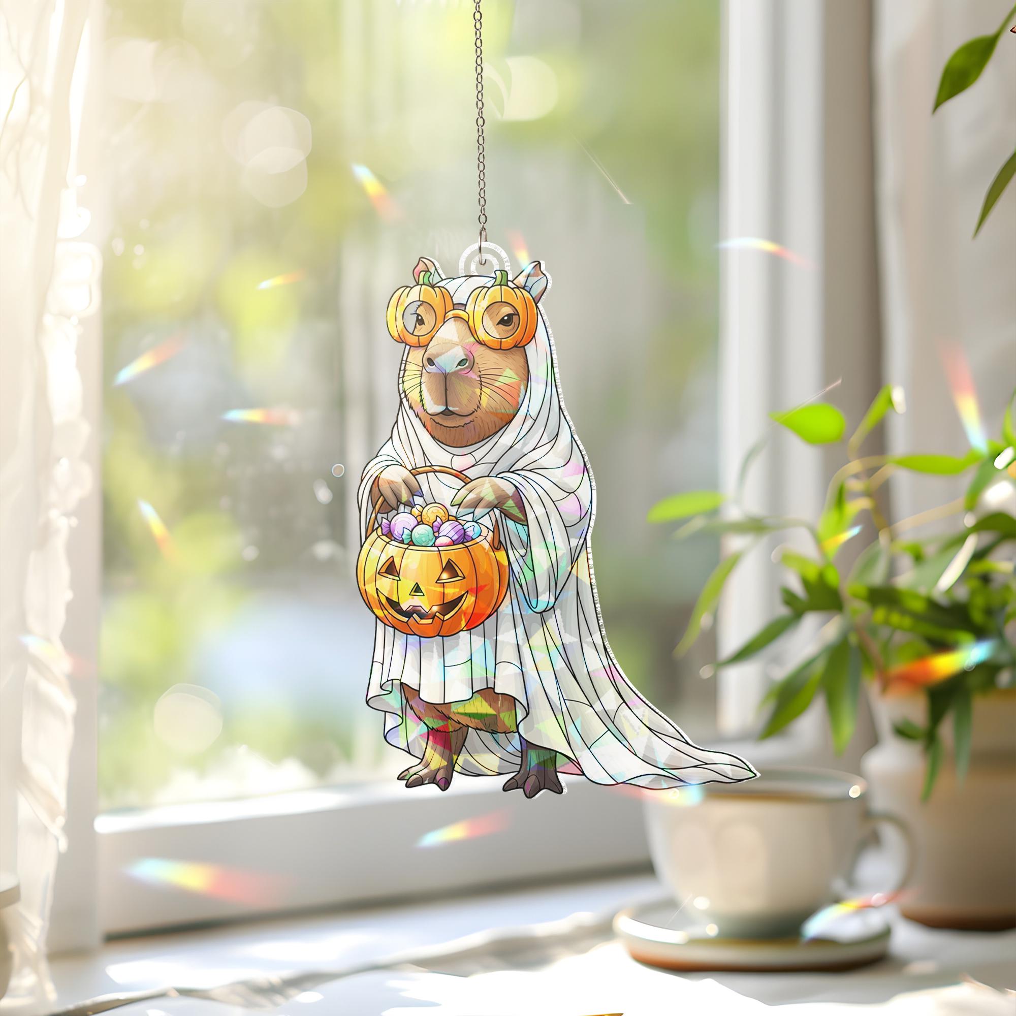 Capybara Halloween Ghost Suncatcher Pumpkin Candy Basket Hanging Window Decor Cute Fall Ornament