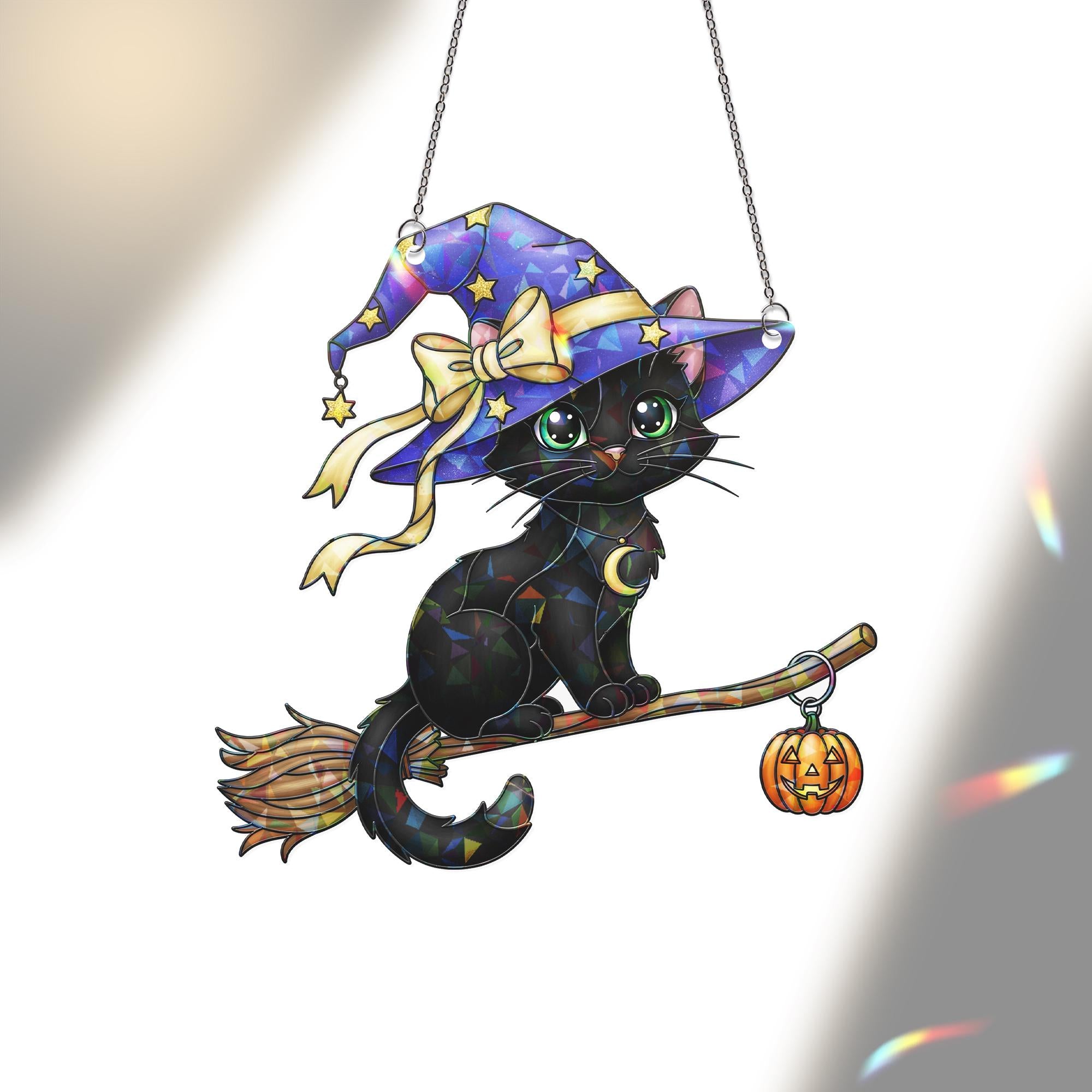 Black Cat Witch Suncatcher Halloween Window Hanging Cute Broom Pumpkin Decor Fall Ornament