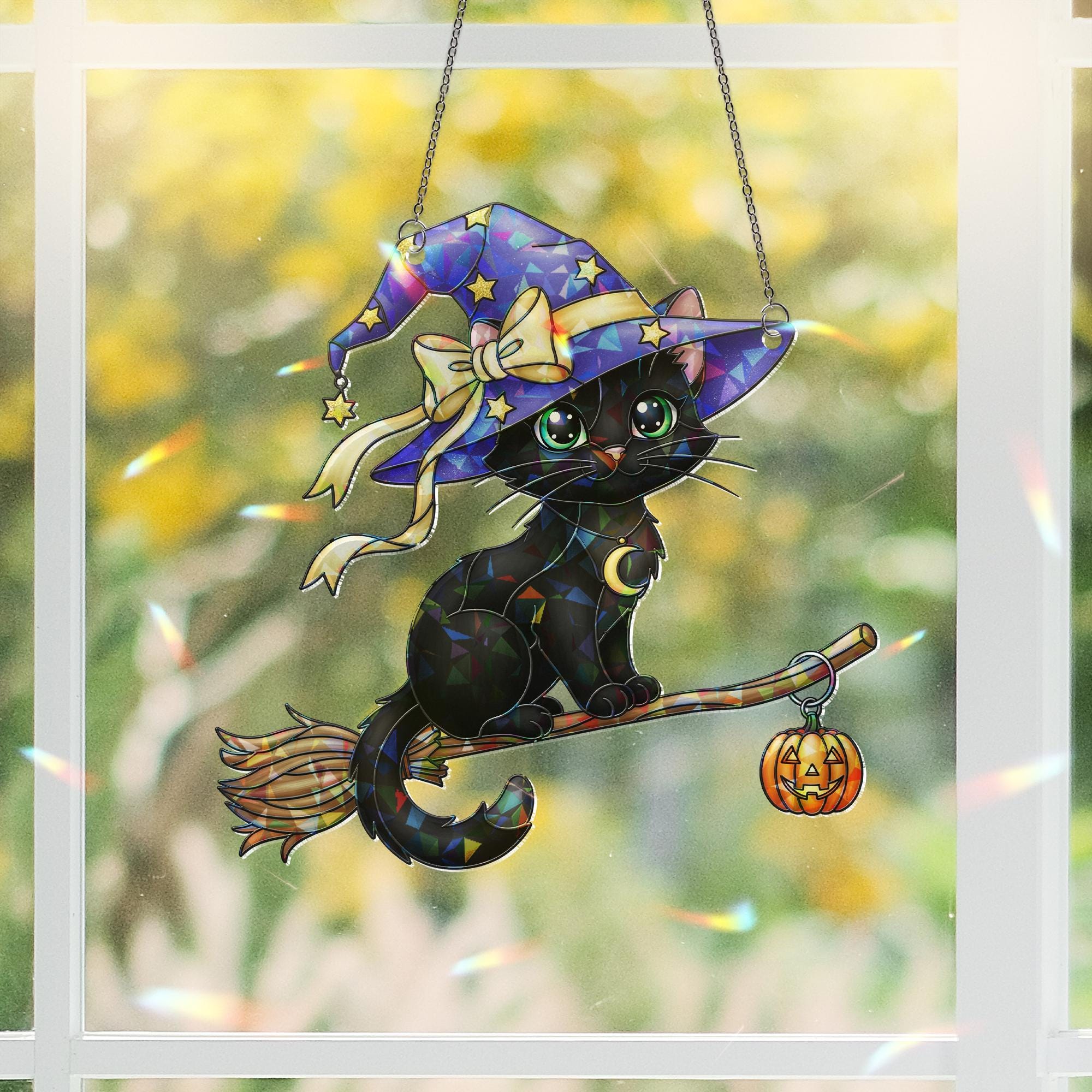 Black Cat Witch Suncatcher Halloween Window Hanging Cute Broom Pumpkin Decor Fall Ornament
