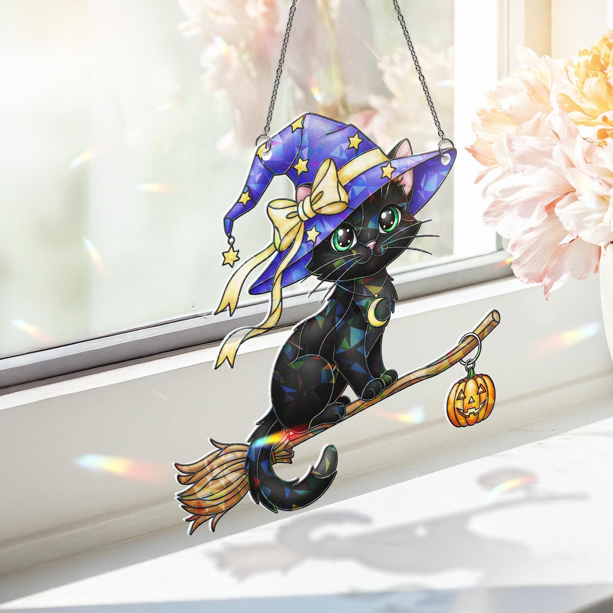 Black Cat Witch Suncatcher Halloween Window Hanging Cute Broom Pumpkin Decor Fall Ornament