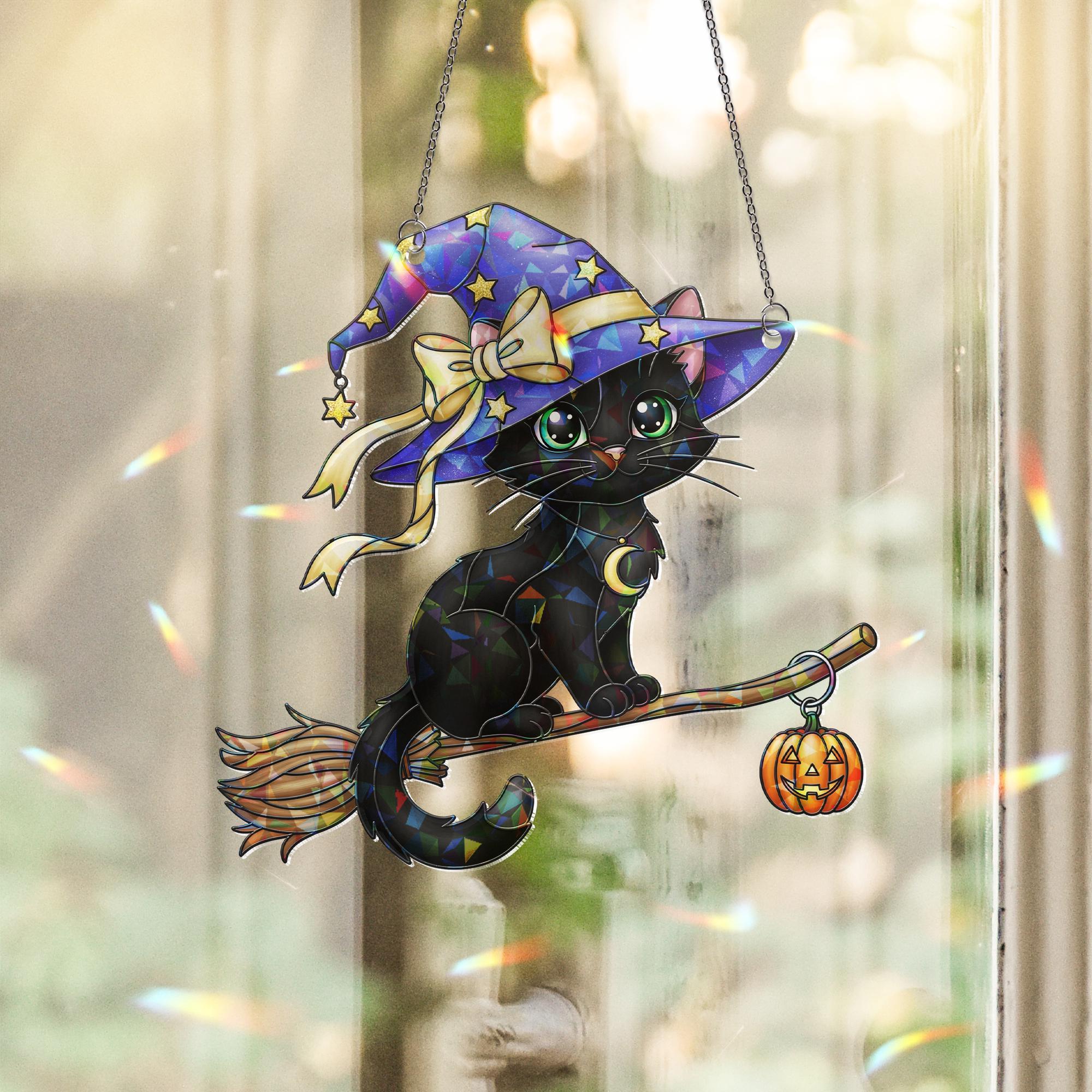 Black Cat Witch Suncatcher Halloween Window Hanging Cute Broom Pumpkin Decor Fall Ornament