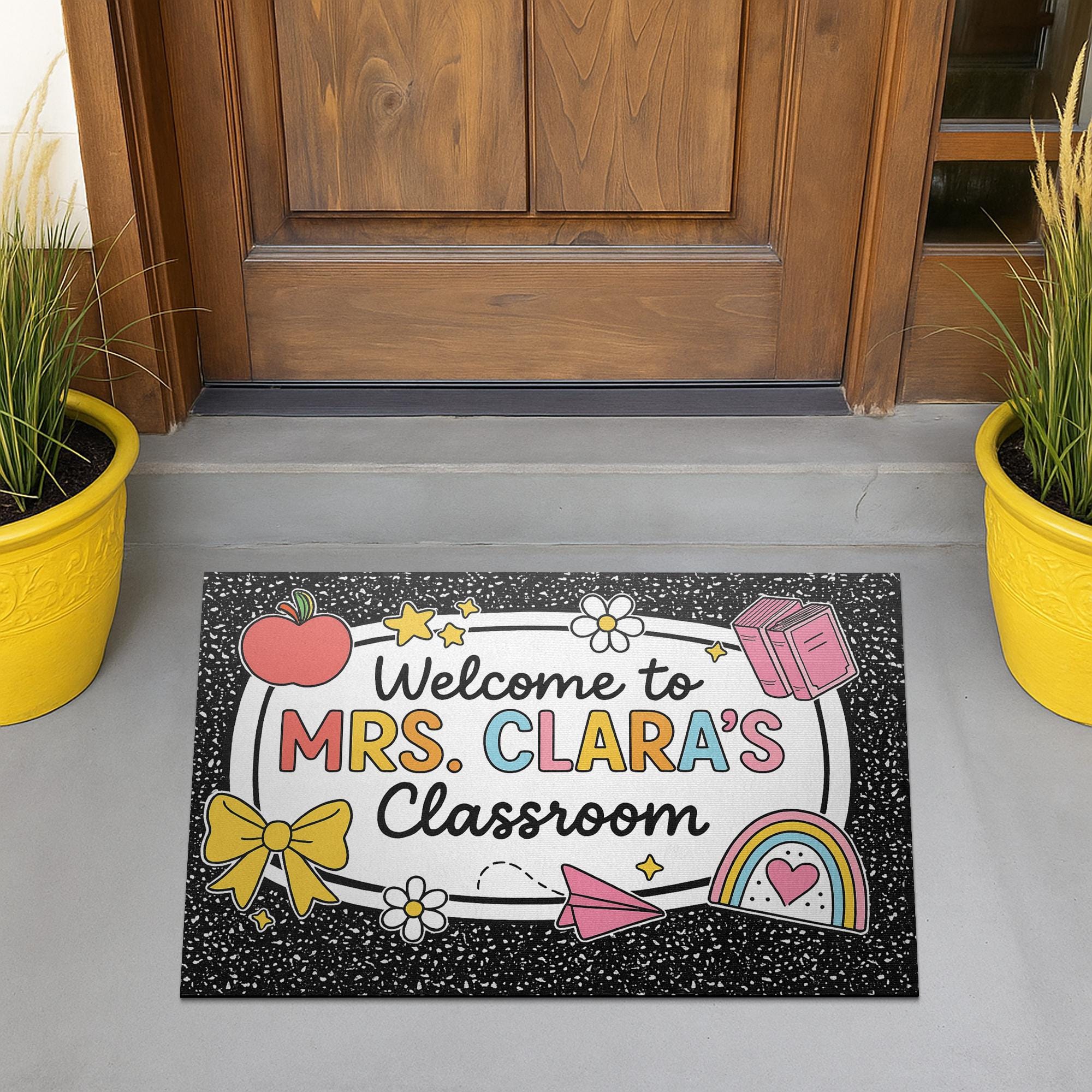 Custom Teacher Classroom Doormat, Welcome Mat with Name, Back to School Rug, Cute Rainbow and Notebook Theme Teacher Gift