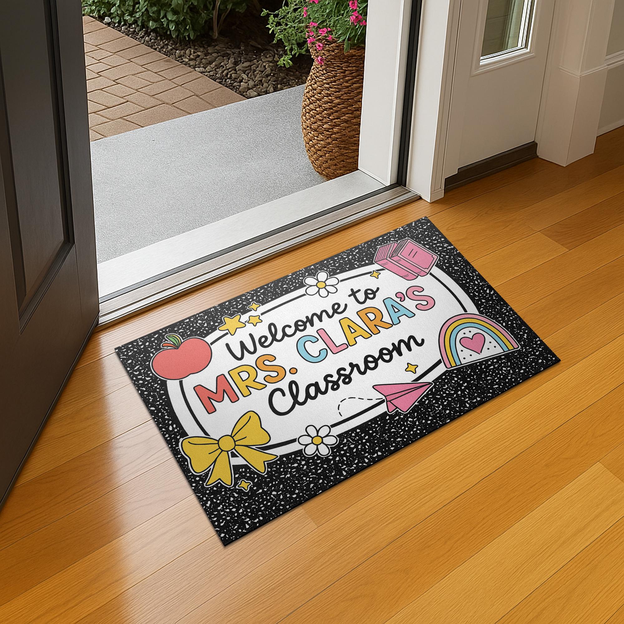 Custom Teacher Classroom Doormat, Welcome Mat with Name, Back to School Rug, Cute Rainbow and Notebook Theme Teacher Gift