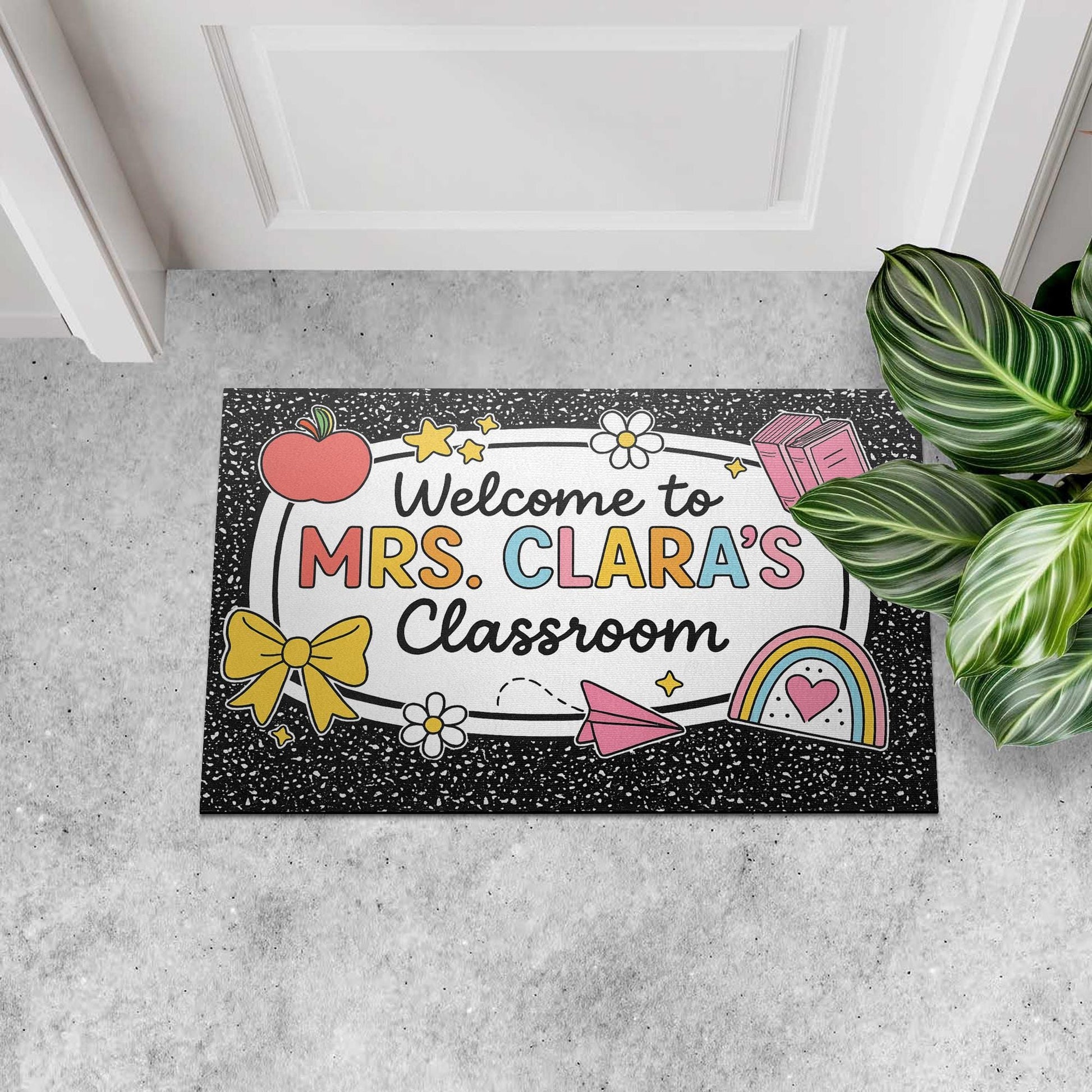 Custom Teacher Classroom Doormat, Welcome Mat with Name, Back to School Rug, Cute Rainbow and Notebook Theme Teacher Gift
