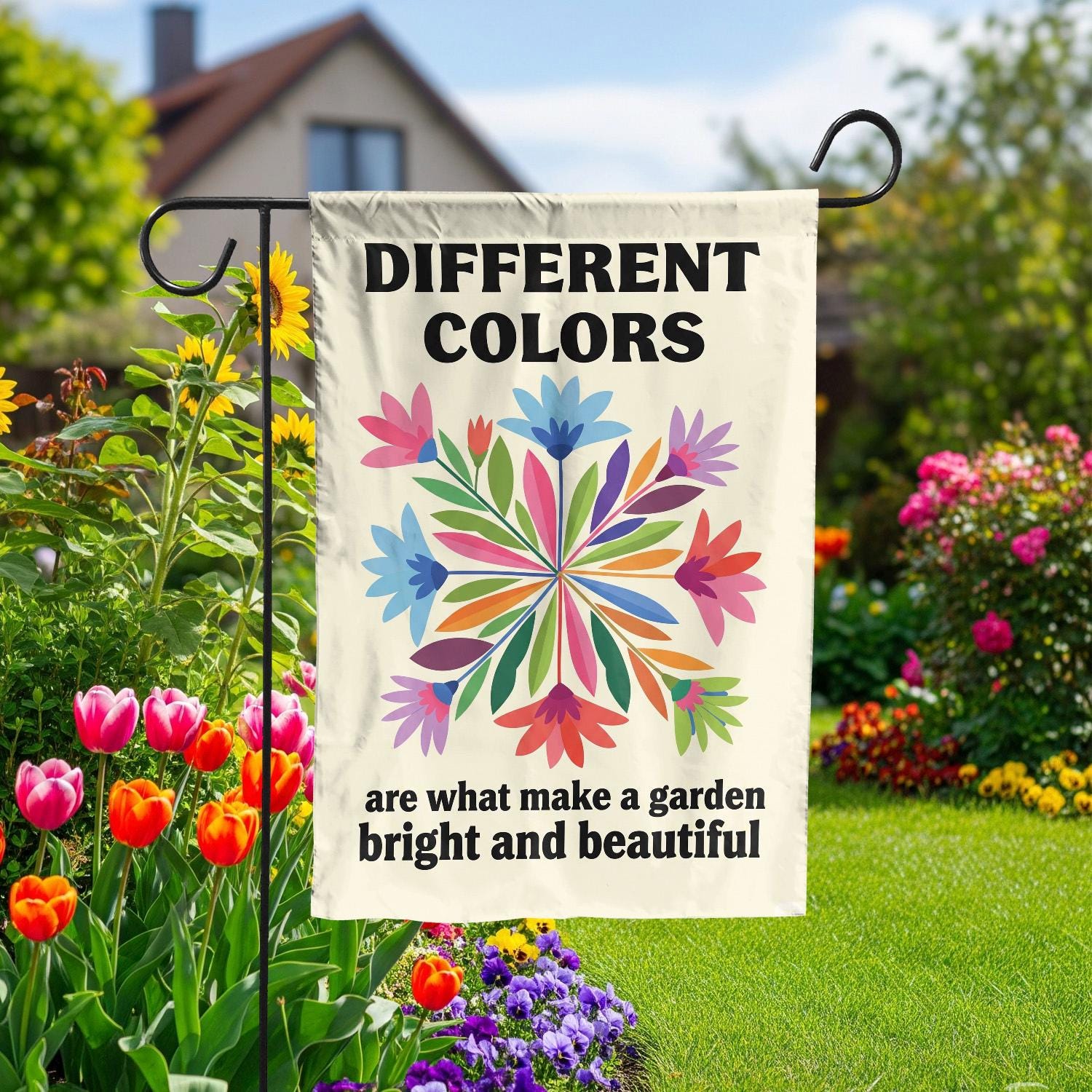 Colorful Garden Flag – “Different Colors Make a Garden Beautiful” – Inspirational Outdoor Yard Decor, Summer Floral Flag Gift