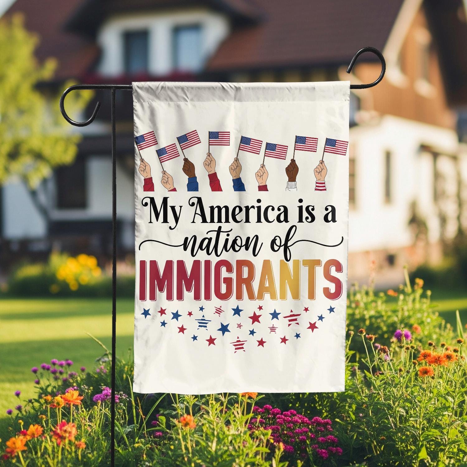 Patriotic Garden Flag – "My America is a Nation of Immigrants" – Diversity Yard Decor, 4th of July, Inclusive Outdoor Flag