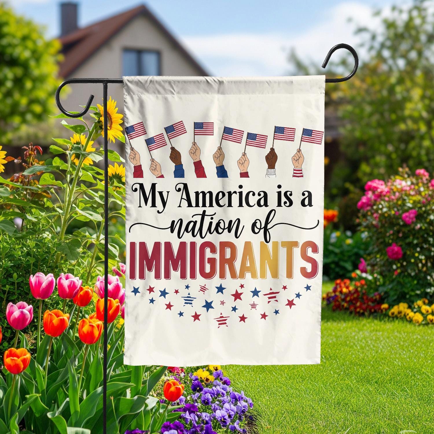 Patriotic Garden Flag – "My America is a Nation of Immigrants" – Diversity Yard Decor, 4th of July, Inclusive Outdoor Flag