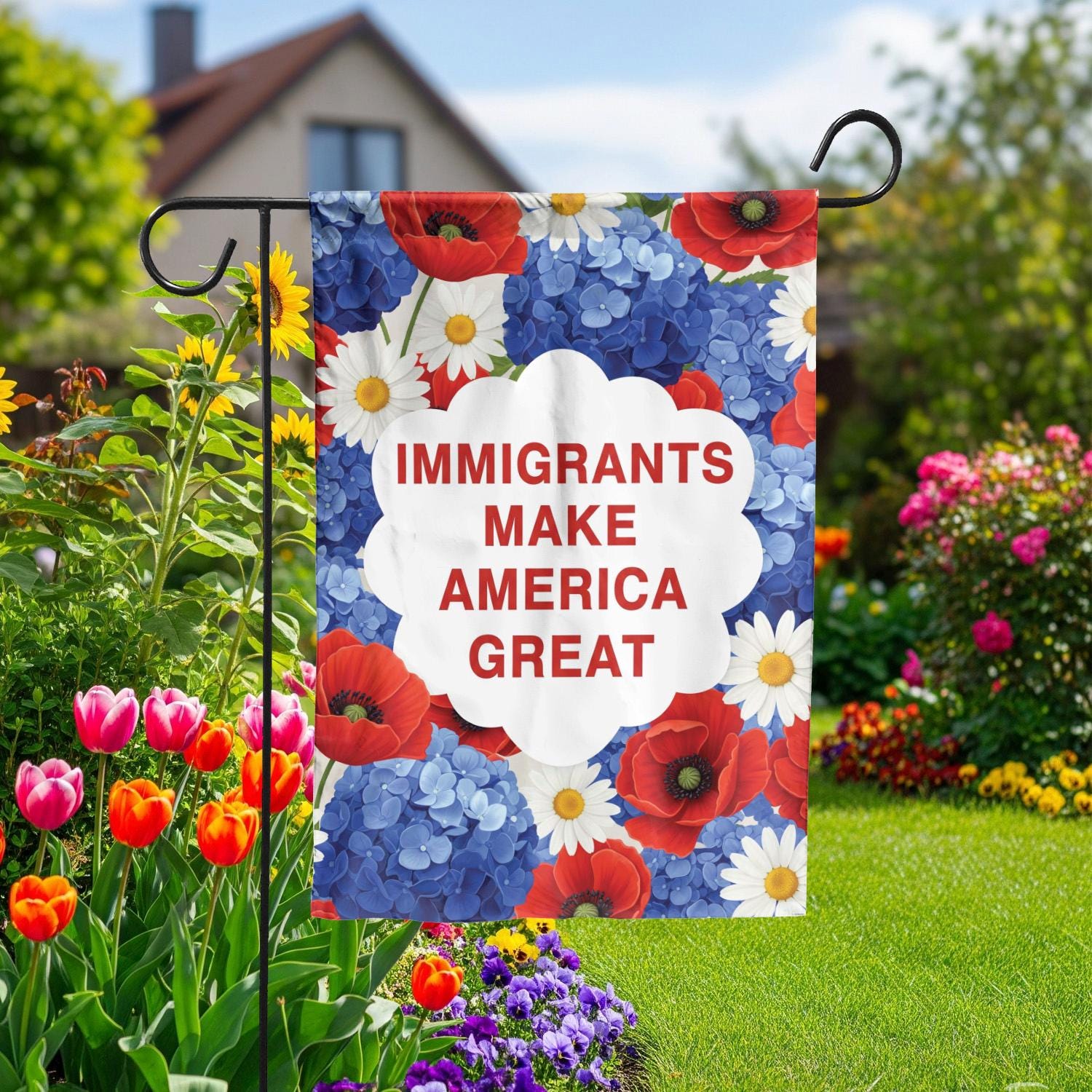 Floral Garden Flag – "Immigrants Make America Great" – Patriotic Yard Decor, Summer Outdoor Sign, Inclusive Political Gift, Summer Flag