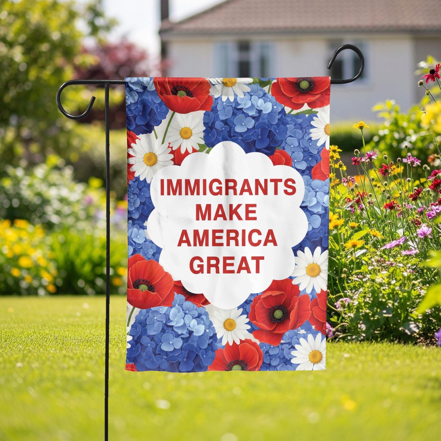 Floral Garden Flag – "Immigrants Make America Great" – Patriotic Yard Decor, Summer Outdoor Sign, Inclusive Political Gift, Summer Flag