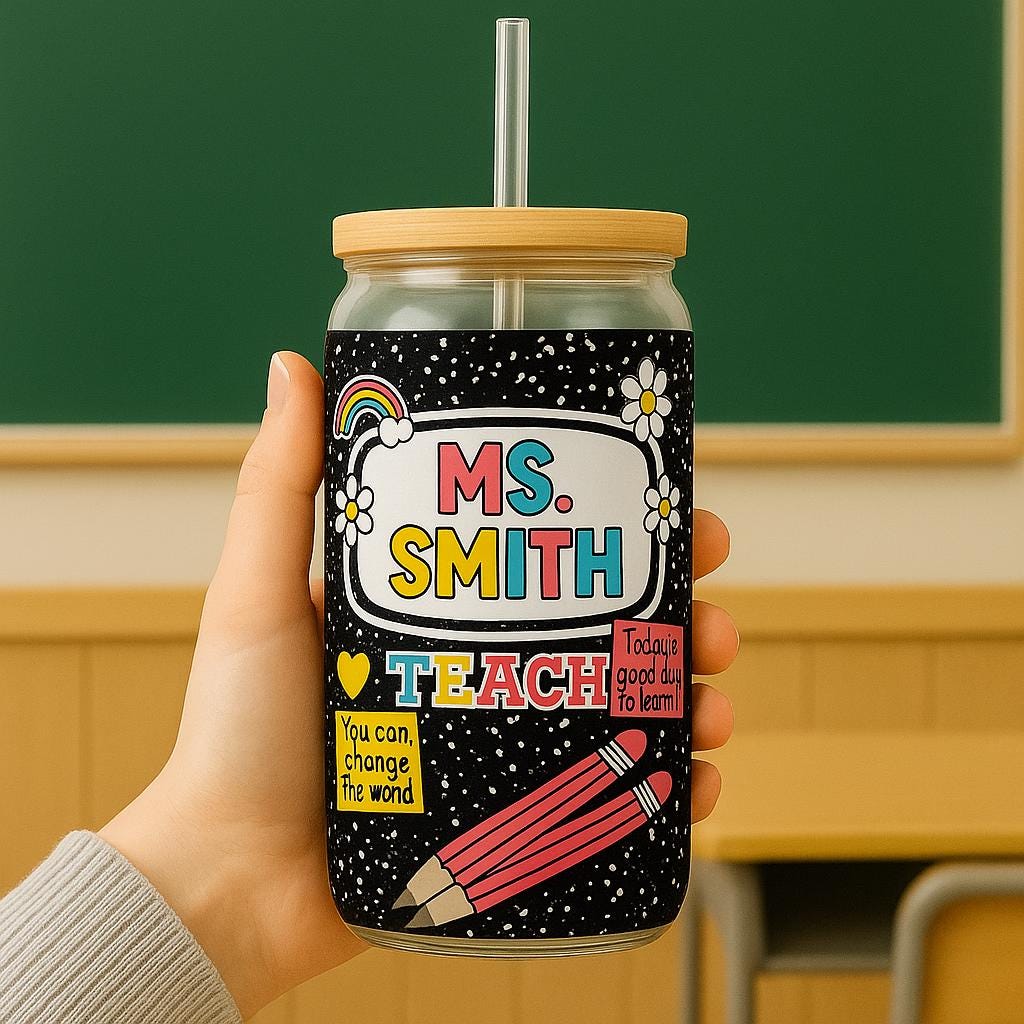 Custom Teacher Sipper Glass Cup with Lid, Personalized Back to School Sipper, Composition Notebook Theme, Cute Gift for Educators