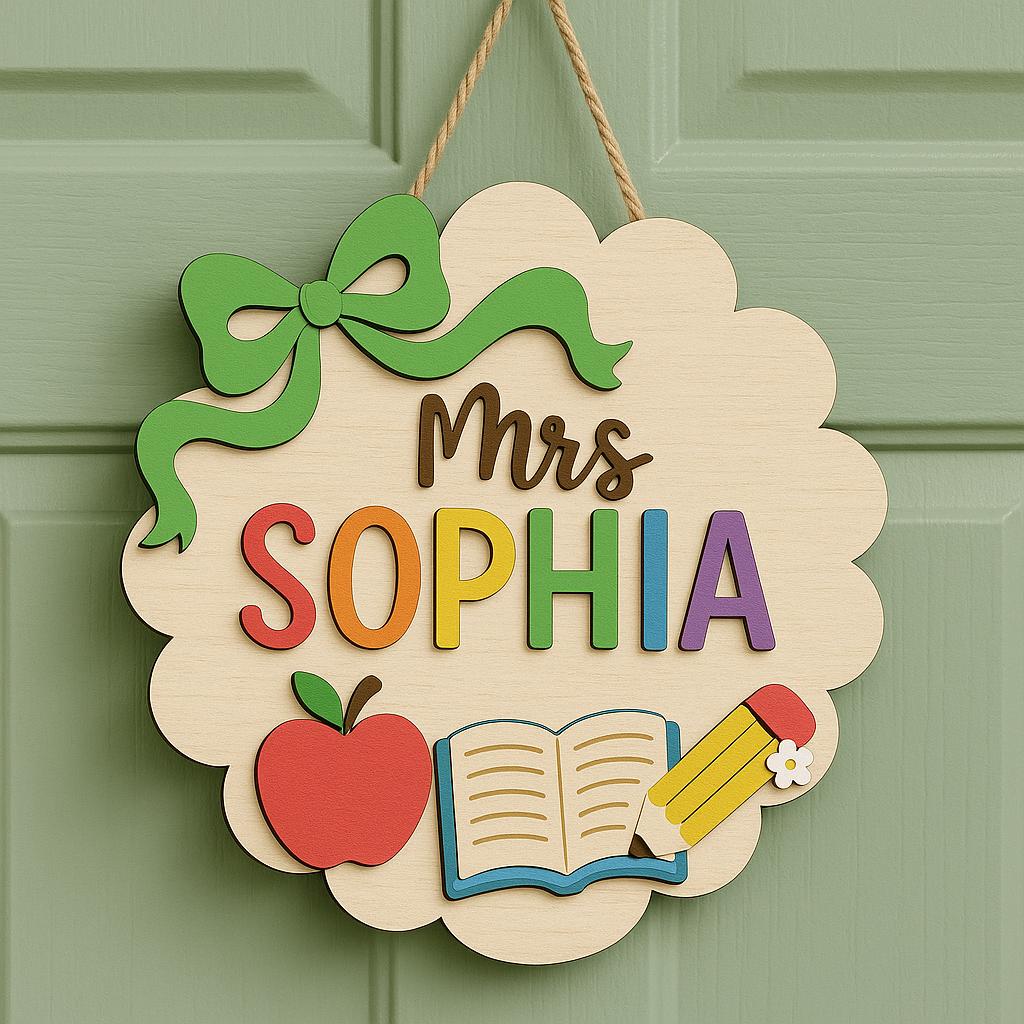Custom Teacher Door Hanger Sign, Personalized Classroom Name Plaque, Back to School Rainbow Apple Pencil Decor
