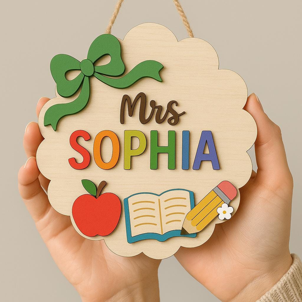 Custom Teacher Door Hanger Sign, Personalized Classroom Name Plaque, Back to School Rainbow Apple Pencil Decor