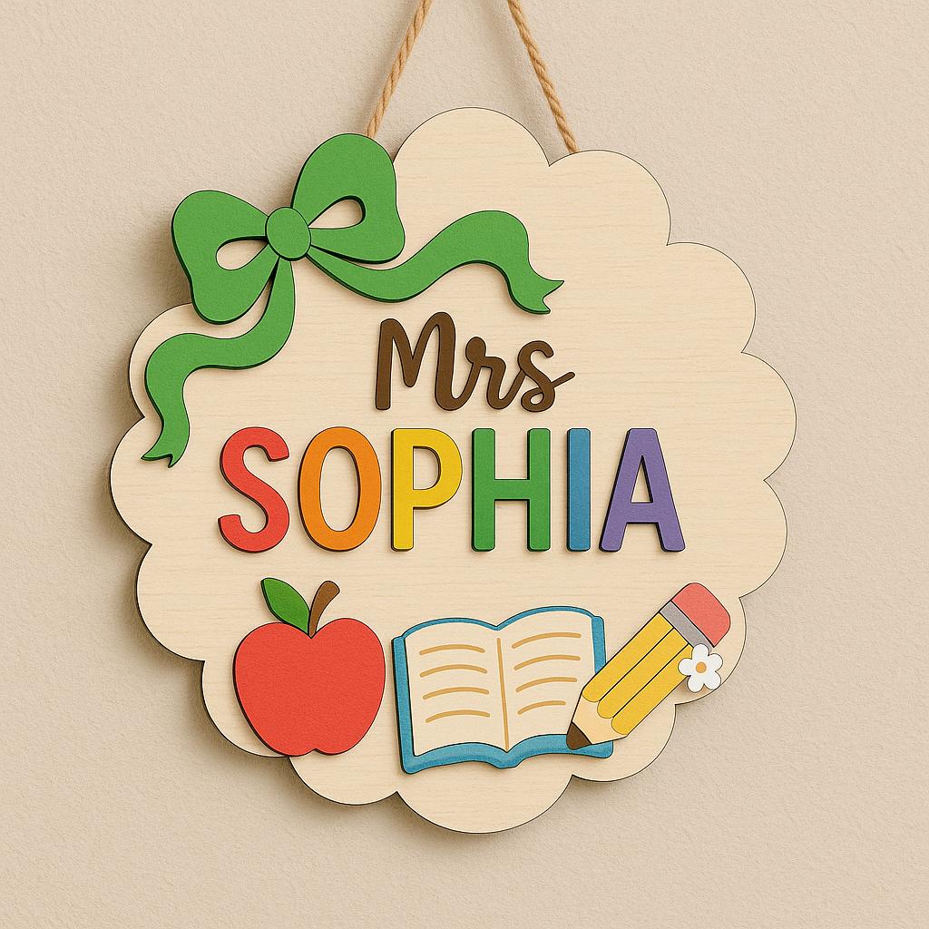 Custom Teacher Door Hanger Sign, Personalized Classroom Name Plaque, Back to School Rainbow Apple Pencil Decor