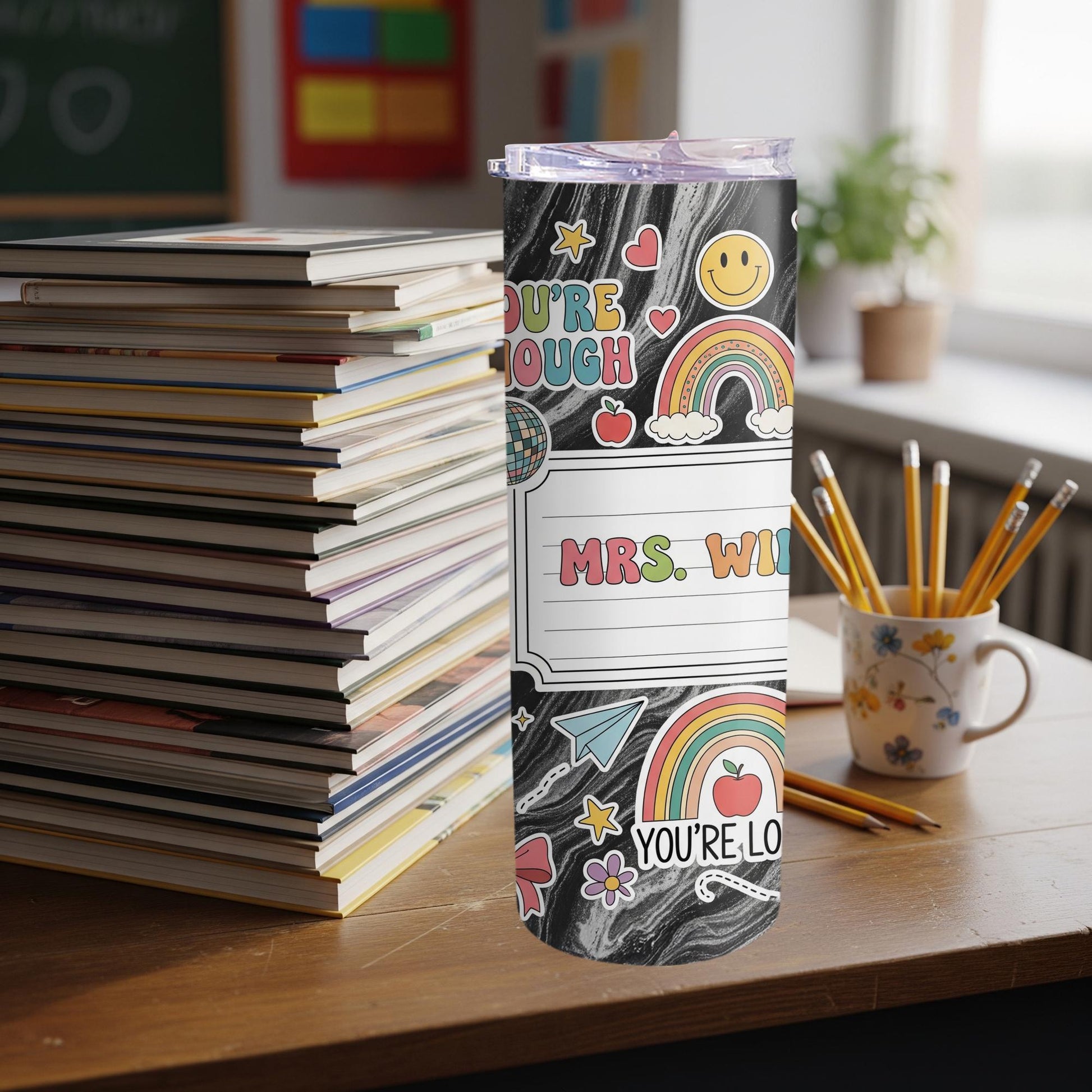 Personalized Teacher 20oz Tumbler, Rainbow Classroom Gift, Back to School Gift for Teacher, Cute Custom Name Cup, Teacher Appreciation
