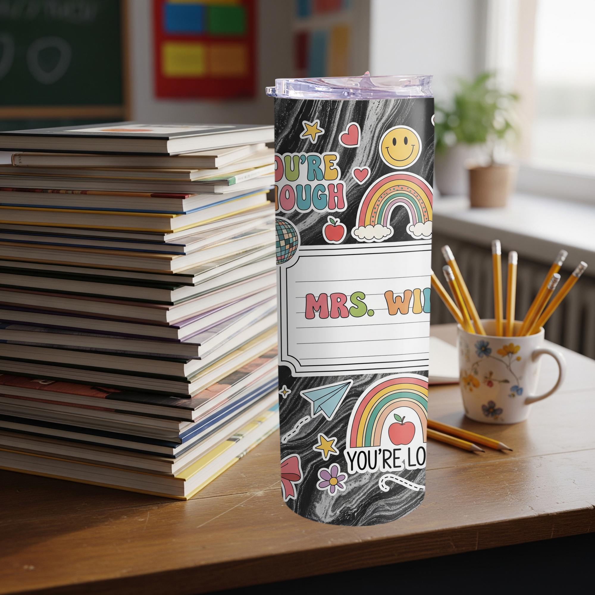 Personalized Teacher 20oz Tumbler, Rainbow Classroom Gift, Back to School Gift for Teacher, Cute Custom Name Cup, Teacher Appreciation