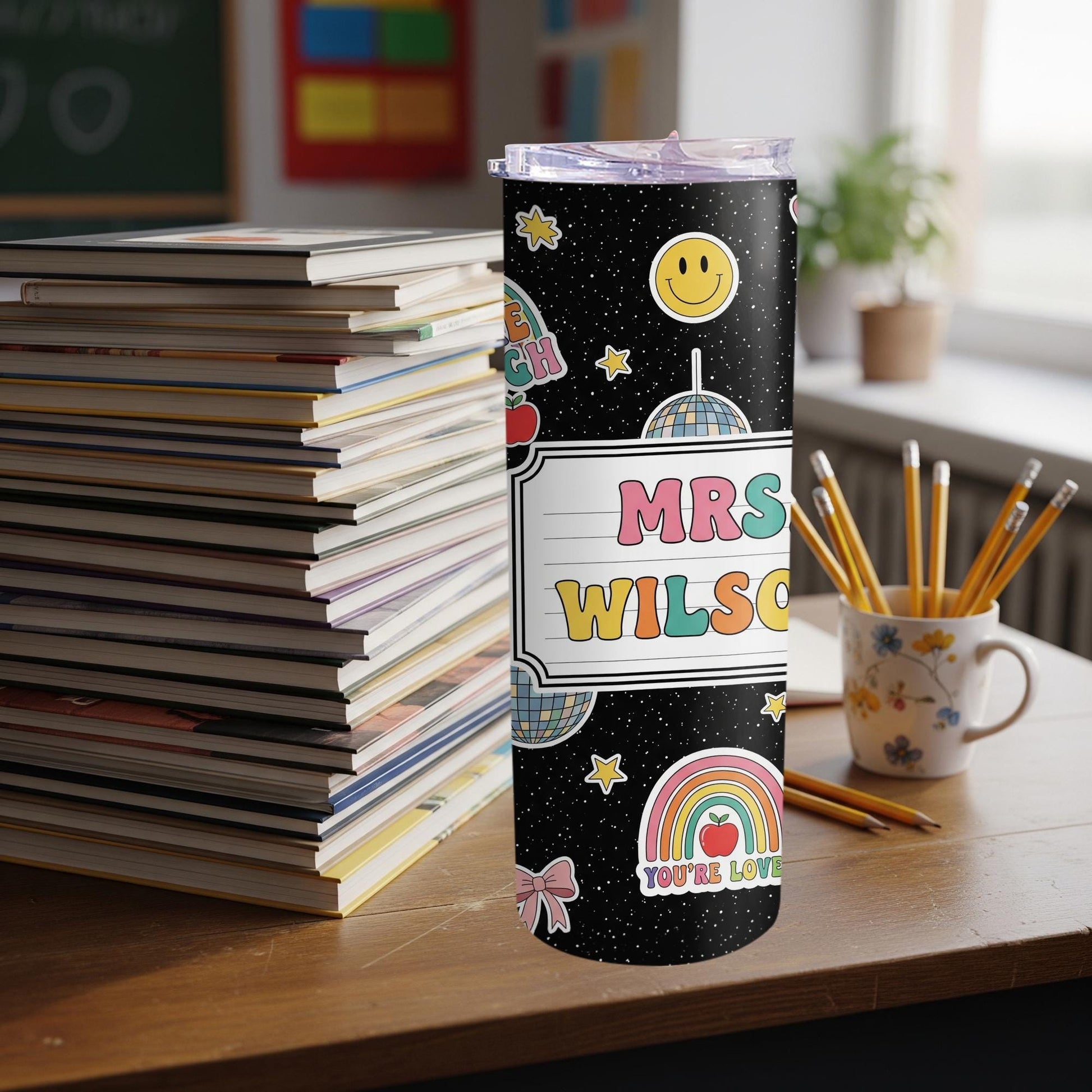 Personalized 20oz Teacher Tumbler, Back to School Gift, Custom Name Cup, Cute Rainbow Teacher Mug, Classroom Appreciation Cup