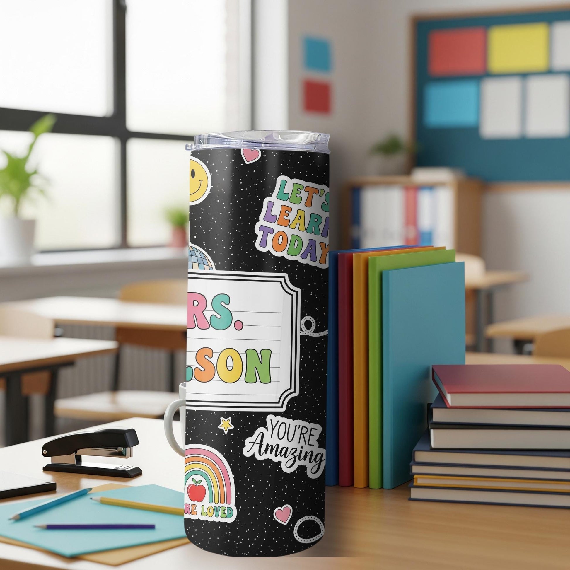 Personalized 20oz Teacher Tumbler, Back to School Gift, Custom Name Cup, Cute Rainbow Teacher Mug, Classroom Appreciation Cup