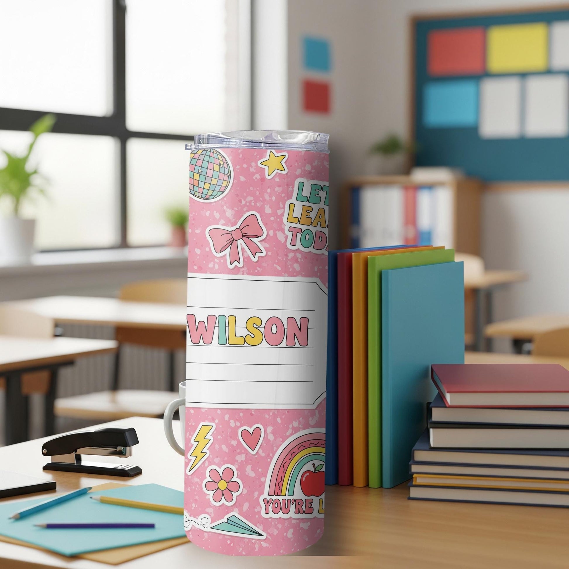 Personalized Pink Teacher Tumbler 20oz, Back to School Gift, Custom Name Cup for Classroom, Cute Teacher Appreciation Mug