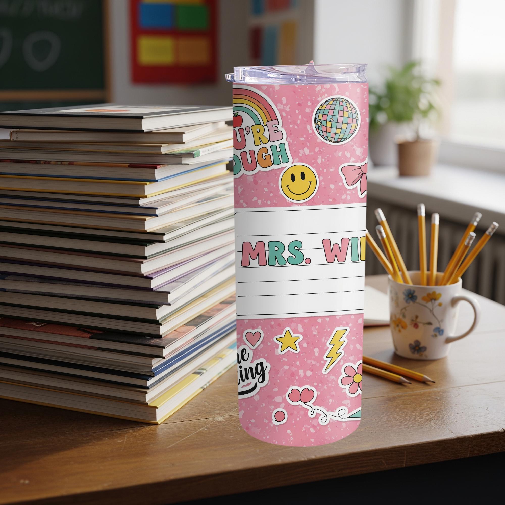 Personalized Pink Teacher Tumbler 20oz, Back to School Gift, Custom Name Cup for Classroom, Cute Teacher Appreciation Mug