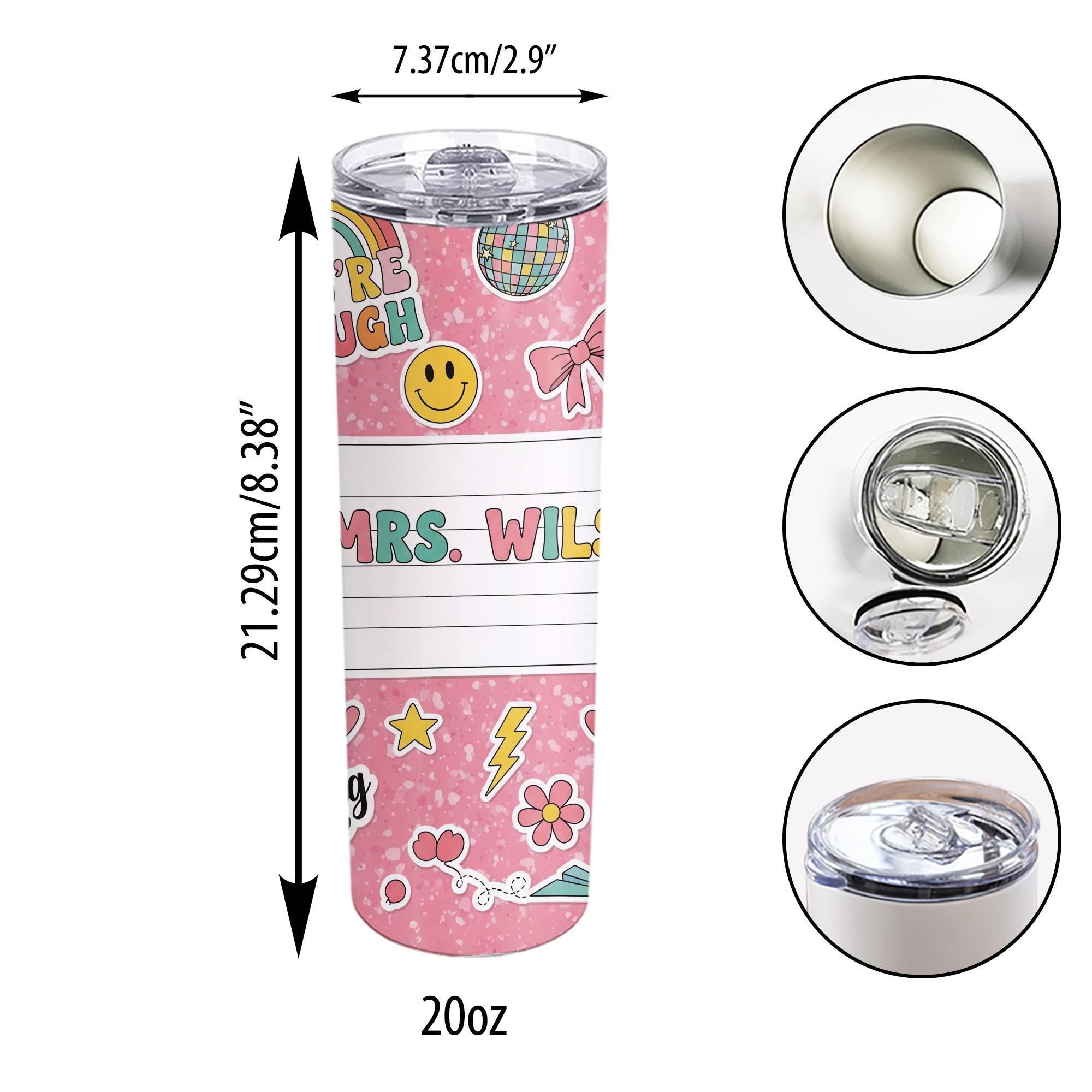 Personalized Pink Teacher Tumbler 20oz, Back to School Gift, Custom Name Cup for Classroom, Cute Teacher Appreciation Mug