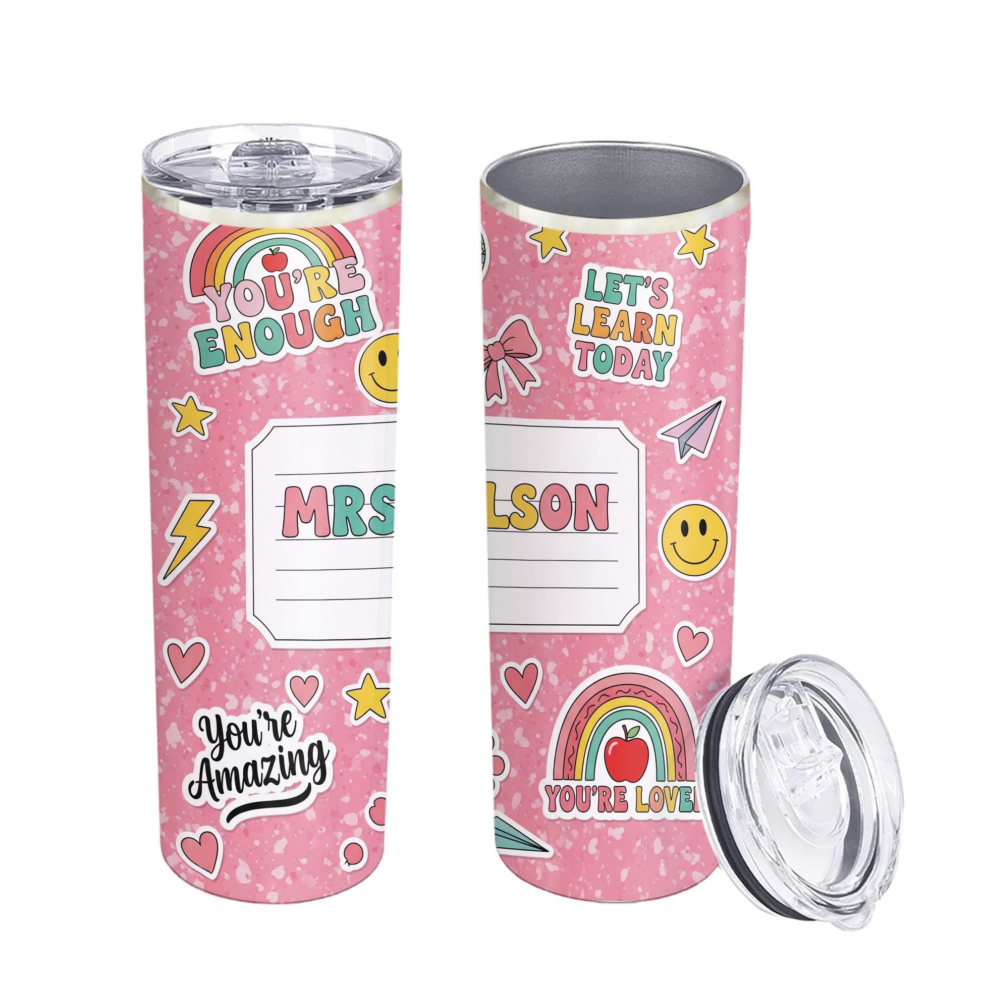 Personalized Pink Teacher Tumbler 20oz, Back to School Gift, Custom Name Cup for Classroom, Cute Teacher Appreciation Mug