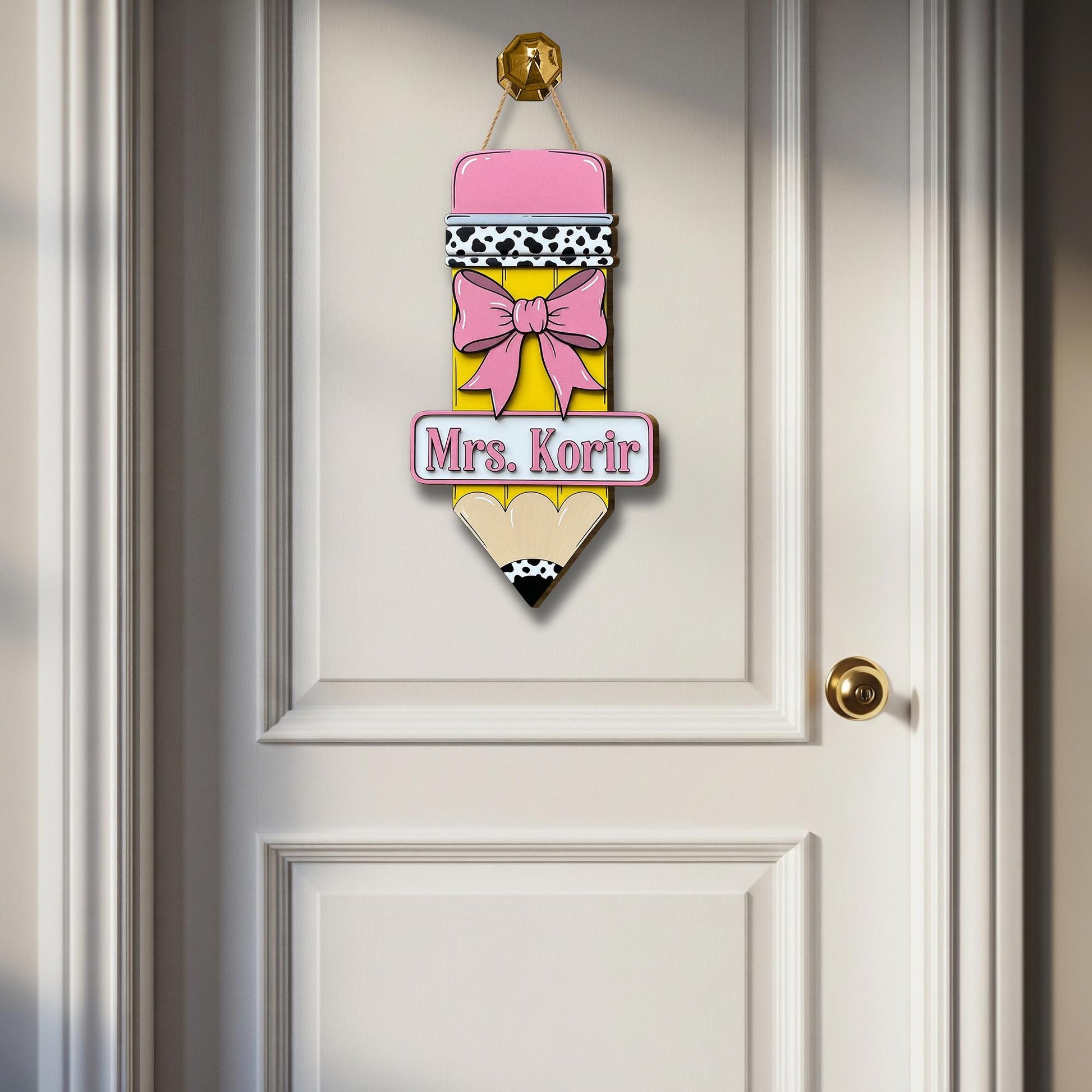 Custom Teacher Pencil Door Sign, Personalized Wooden Classroom Decor, Back to School Gift, Name Sign with Bow, Teacher Door Hanger