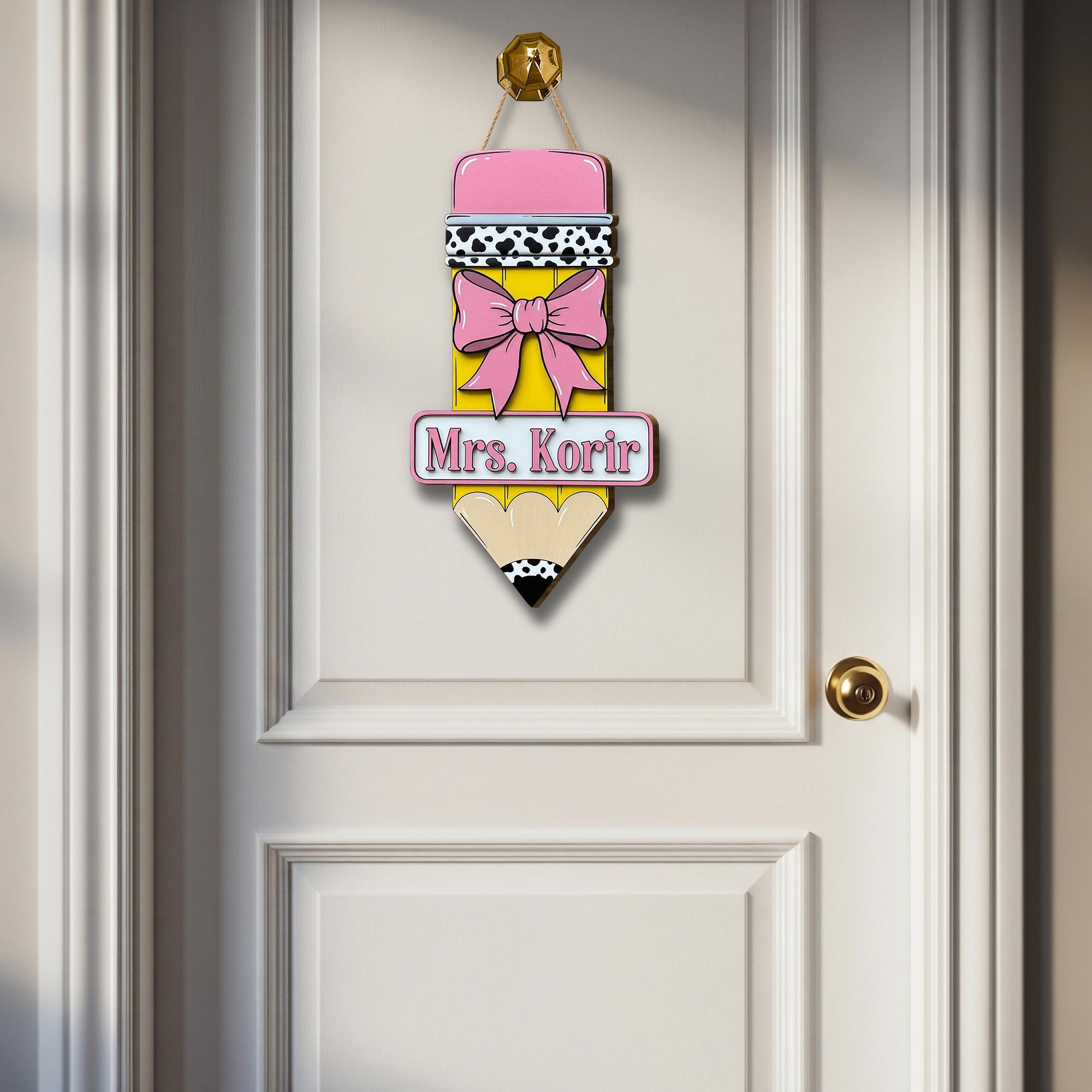 Custom Teacher Pencil Door Sign, Personalized Wooden Classroom Decor, Back to School Gift, Name Sign with Bow, Teacher Door Hanger
