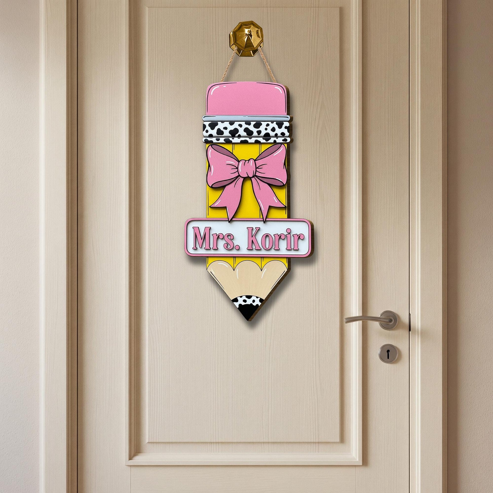 Custom Teacher Pencil Door Sign, Personalized Wooden Classroom Decor, Back to School Gift, Name Sign with Bow, Teacher Door Hanger
