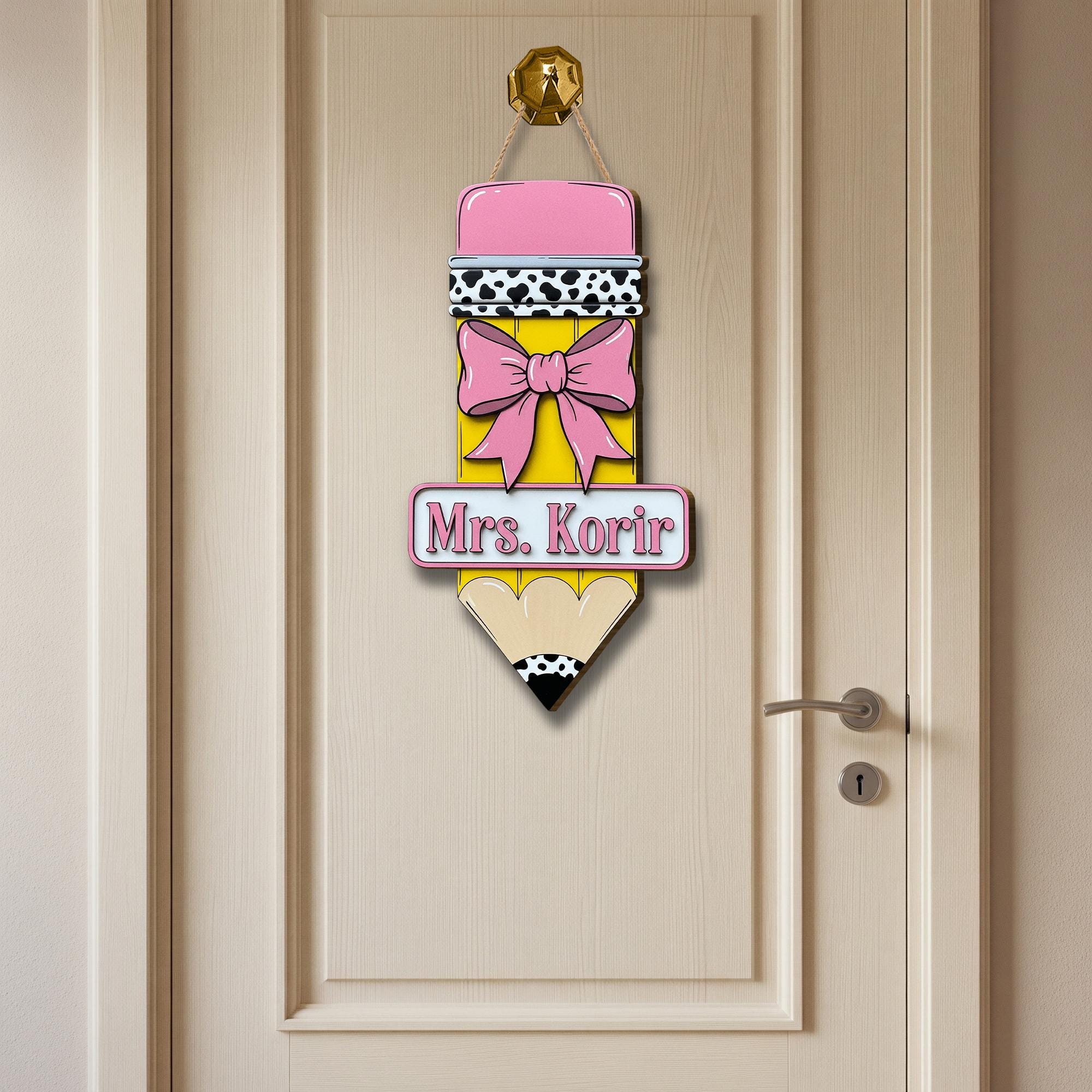 Custom Teacher Pencil Door Sign, Personalized Wooden Classroom Decor, Back to School Gift, Name Sign with Bow, Teacher Door Hanger