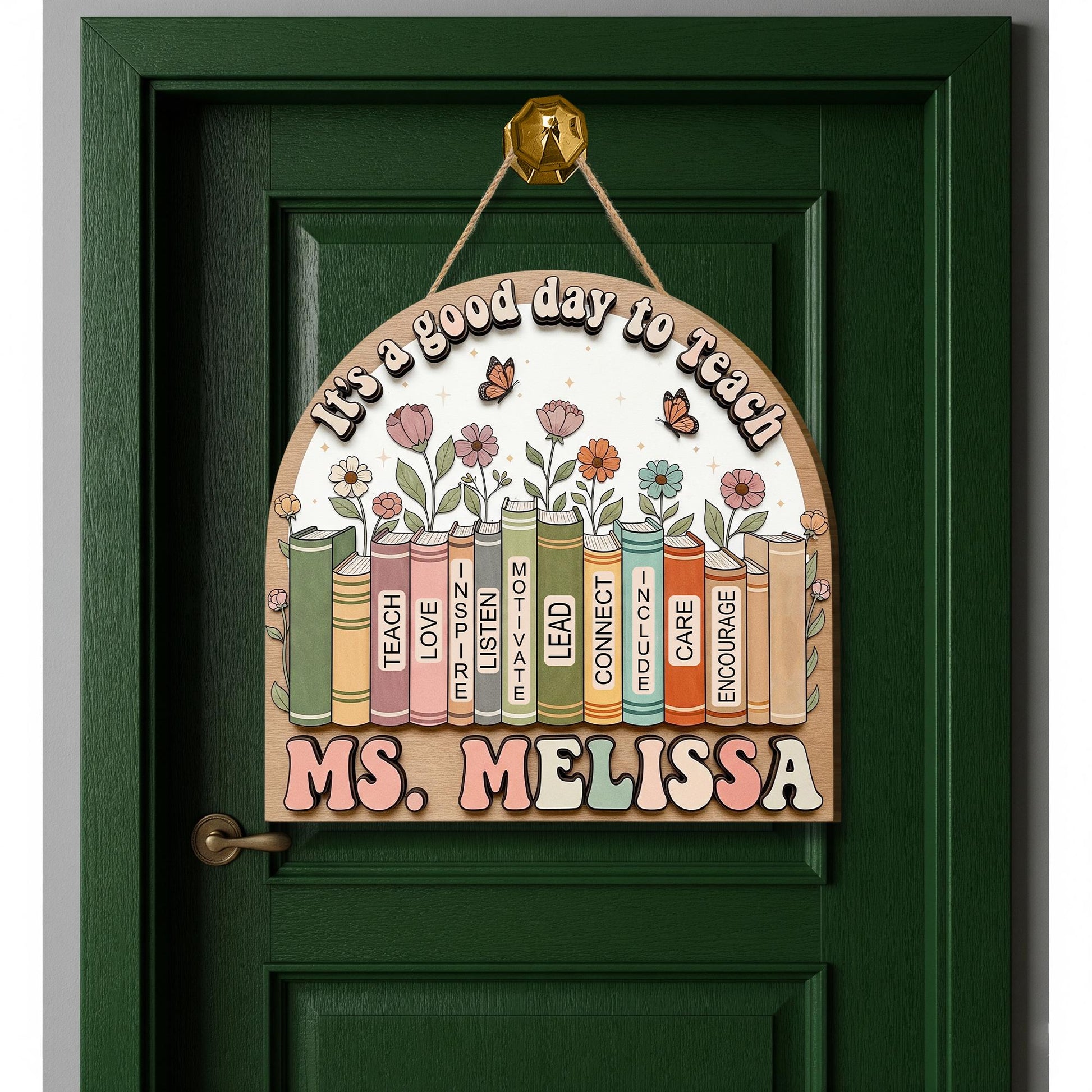 Custom Teacher Door Sign, Wooden Book Theme Sign, Personalized Classroom Decor, Back to School Gift for Teacher, Floral Design