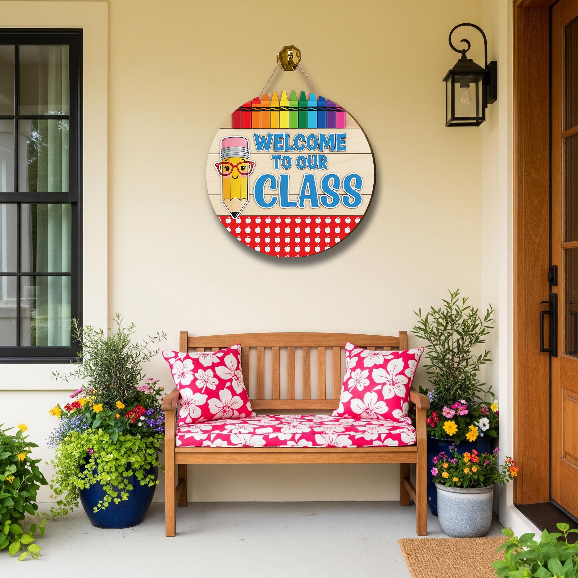 Welcome to Our Class Sign, Back to School Wooden Door Decor, Rainbow Pencil Classroom Sign, Teacher First Day School Decoration