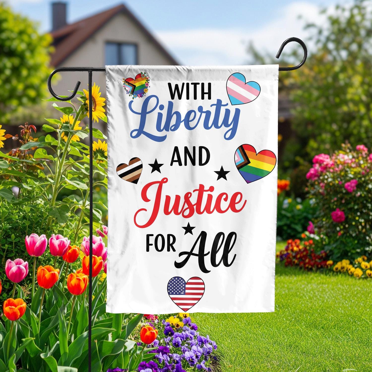 With Liberty and Justice for All Garden Flag – Inclusive Pride Yard Decor with Hearts – Equality Patriotic Outdoor Sign, American Pride Flag