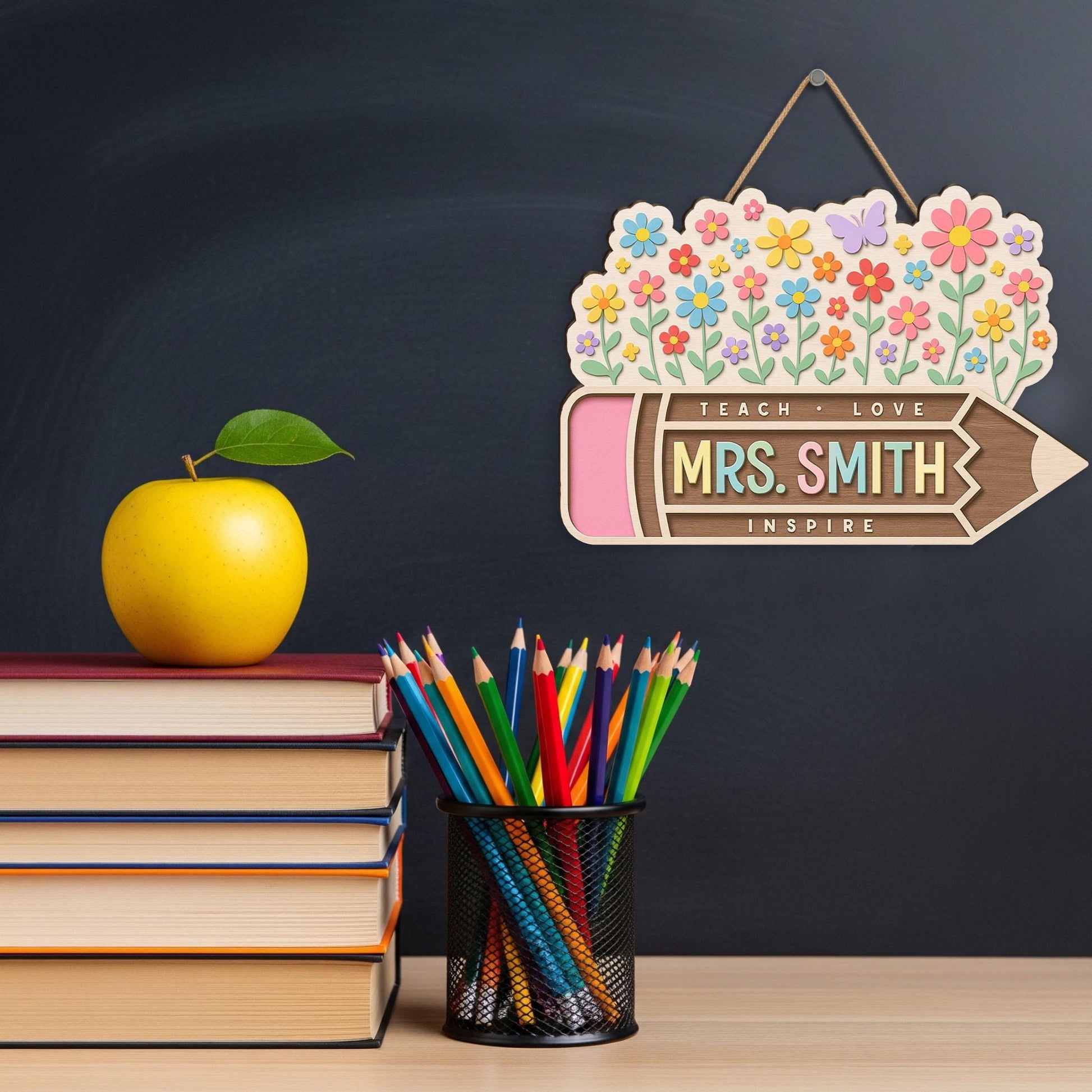 Custom Teacher Pencil Sign with Flowers, Personalized Wooden Door Decor, Back to School Gift for Mrs. Smith, Inspire Classroom Decor