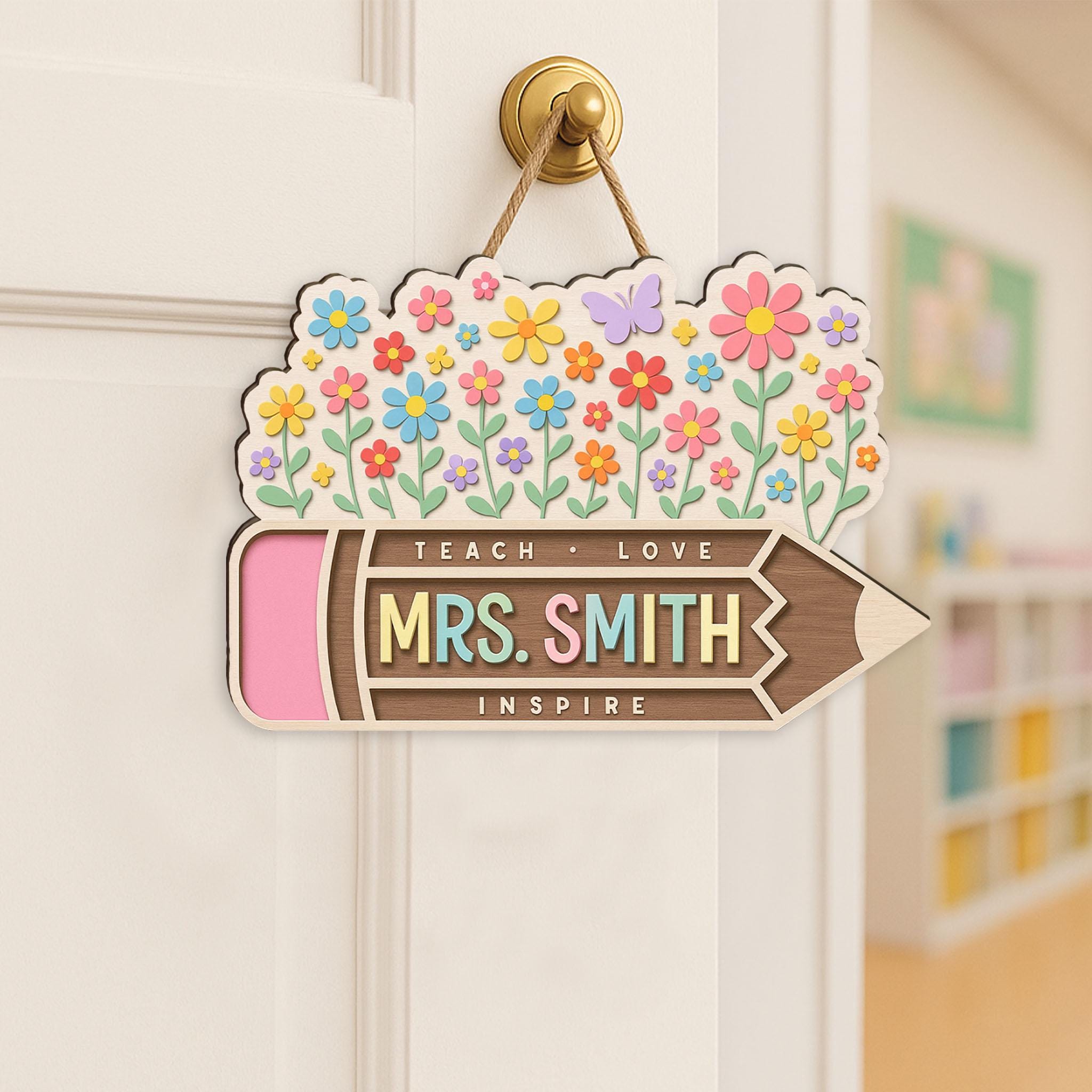 Custom Teacher Pencil Sign with Flowers, Personalized Wooden Door Decor, Back to School Gift for Mrs. Smith, Inspire Classroom Decor