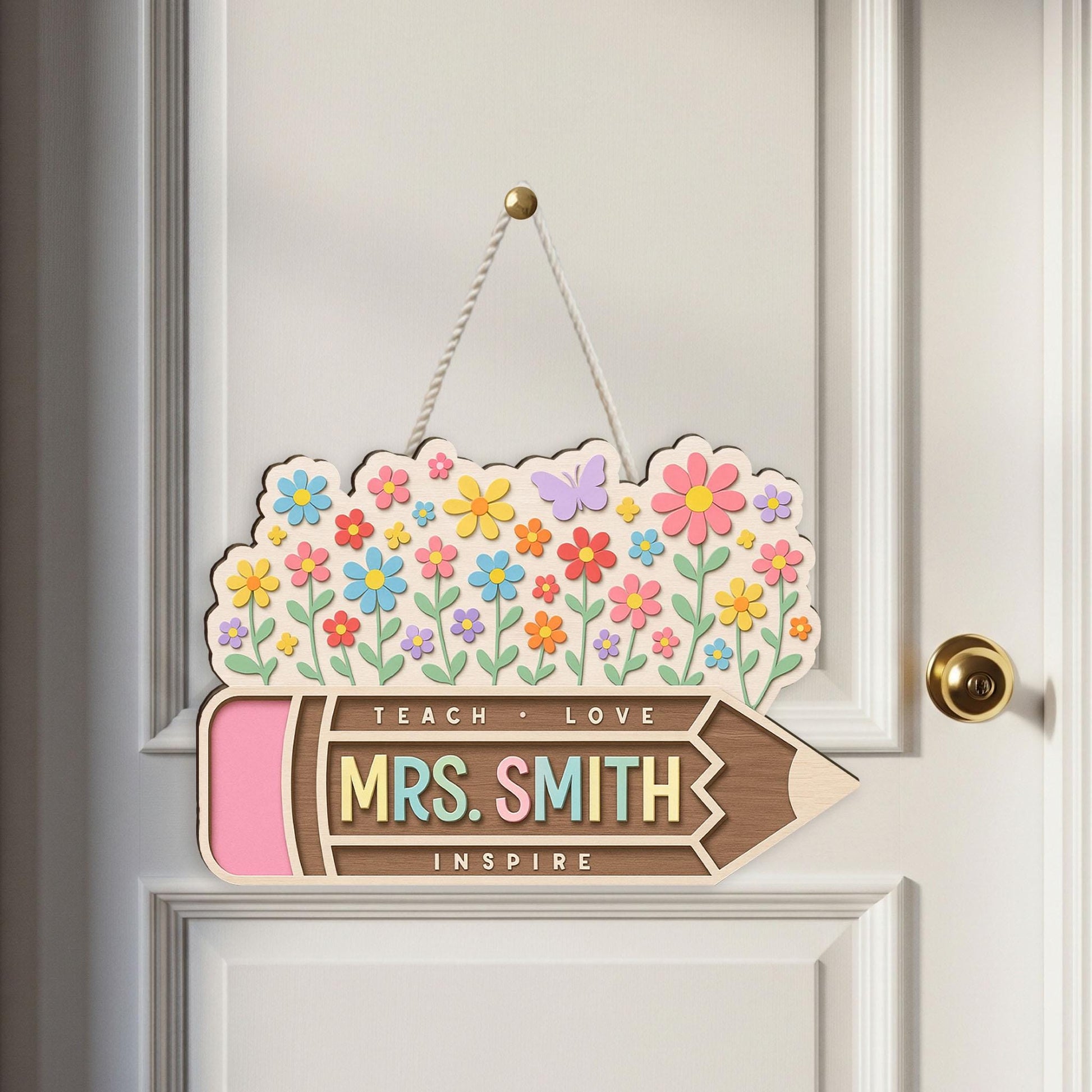 Custom Teacher Pencil Sign with Flowers, Personalized Wooden Door Decor, Back to School Gift for Mrs. Smith, Inspire Classroom Decor