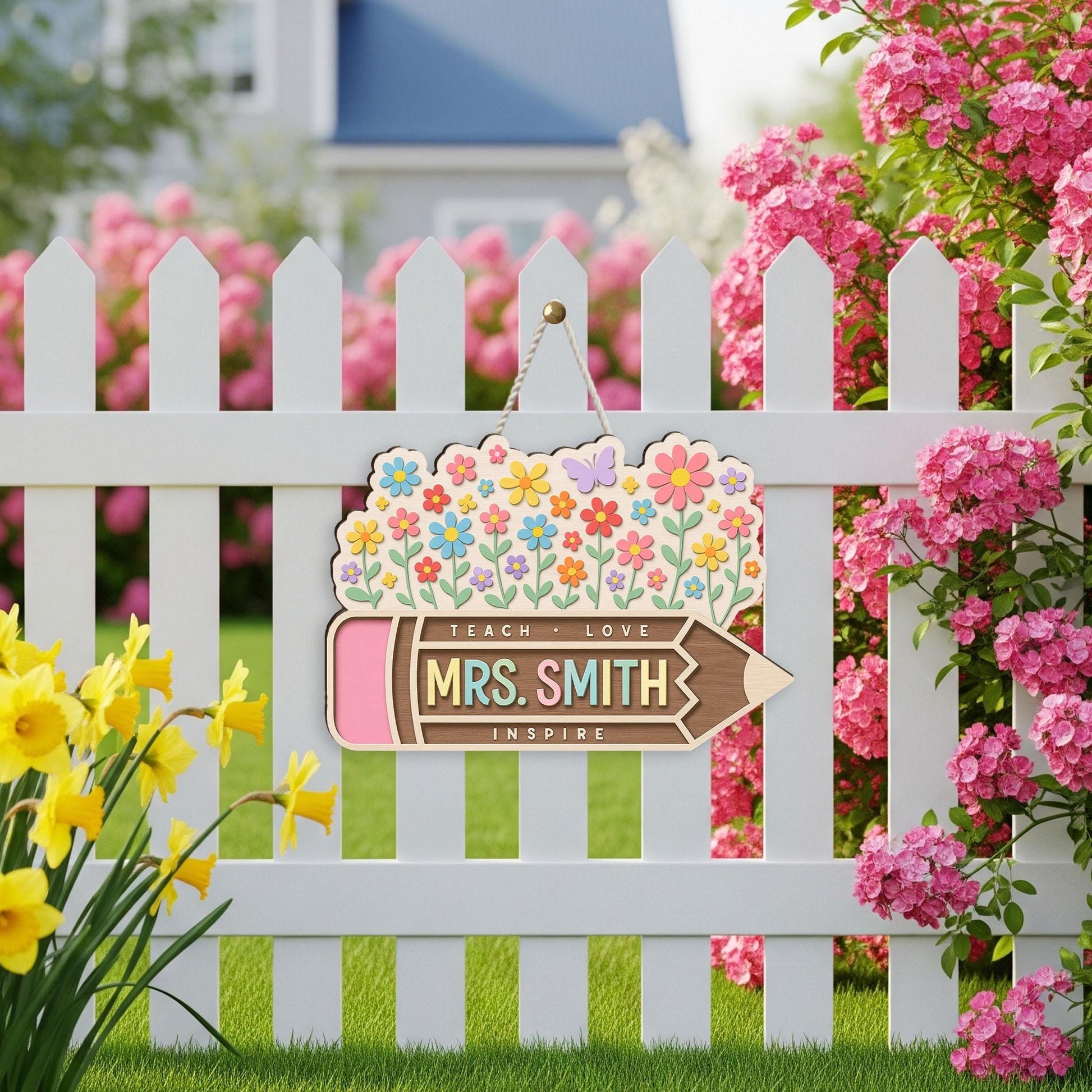 Custom Teacher Pencil Sign with Flowers, Personalized Wooden Door Decor, Back to School Gift for Mrs. Smith, Inspire Classroom Decor