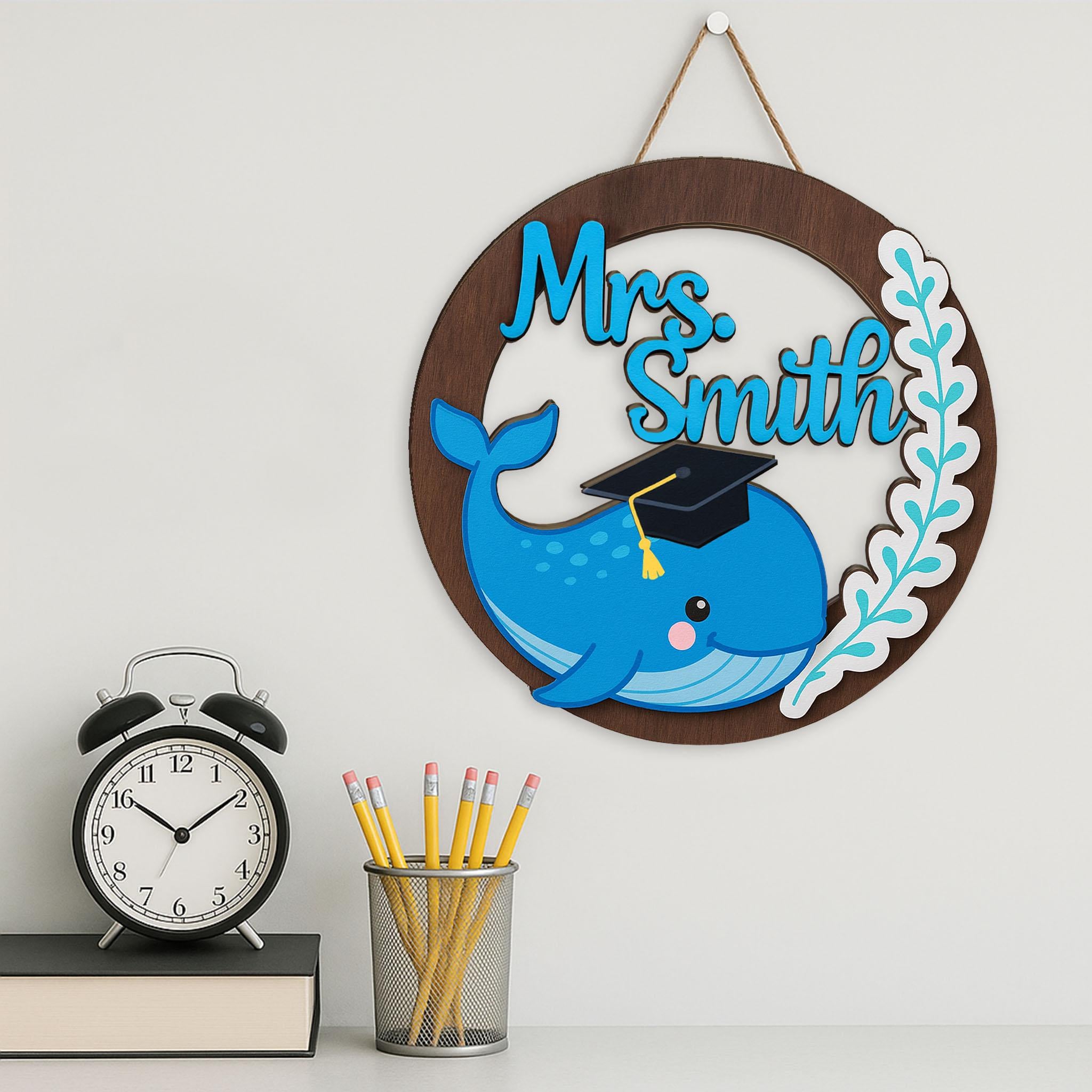 Custom Whale Teacher Sign, Personalized Wooden Door Decor, Back to School Gift for Teacher, Ocean Classroom Name Sign