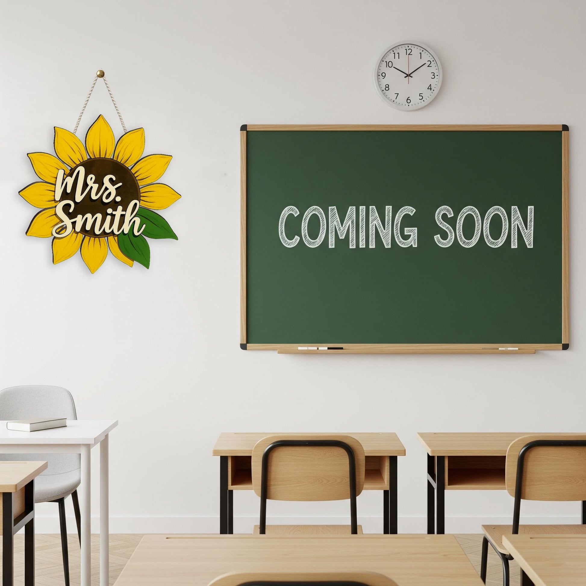 Custom Sunflower Teacher Sign, Personalized Wooden Door Hanger, Back to School Gift for Teacher, Classroom Floral Name Sign