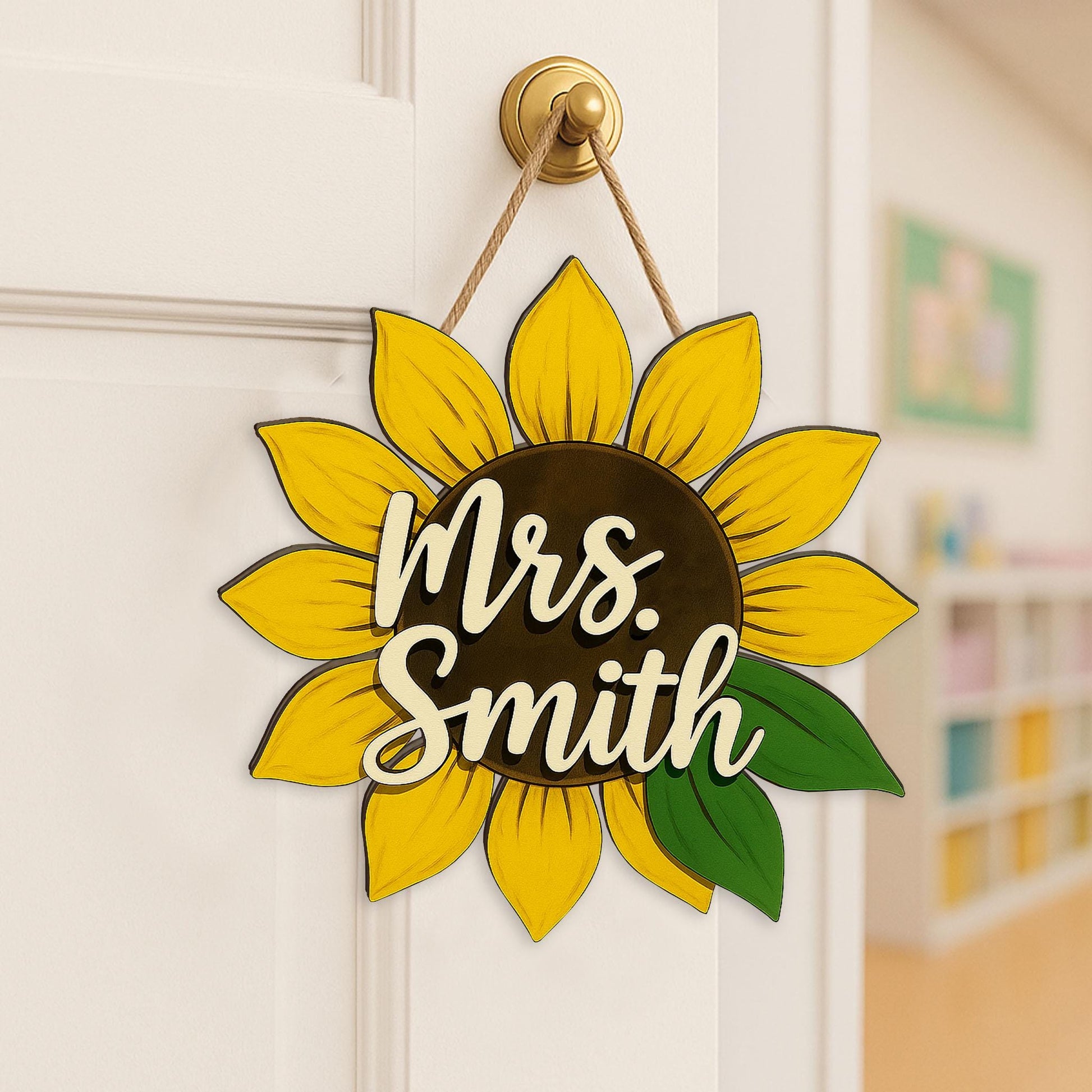 Custom Sunflower Teacher Sign, Personalized Wooden Door Hanger, Back to School Gift for Teacher, Classroom Floral Name Sign